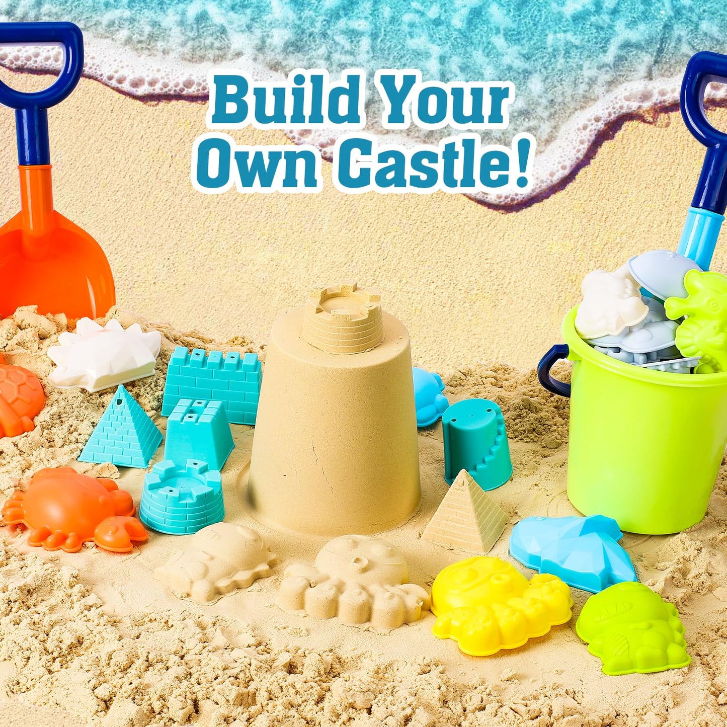 TOY Life 29 Pcs Dinosaur Beach Toys Sand Toys Toddlers with Castle Bucket Shovels & Sand Castle Building Kit Molds, Sandbox Toy Travel, Beach Party, Fishing, Summer Toy Activities