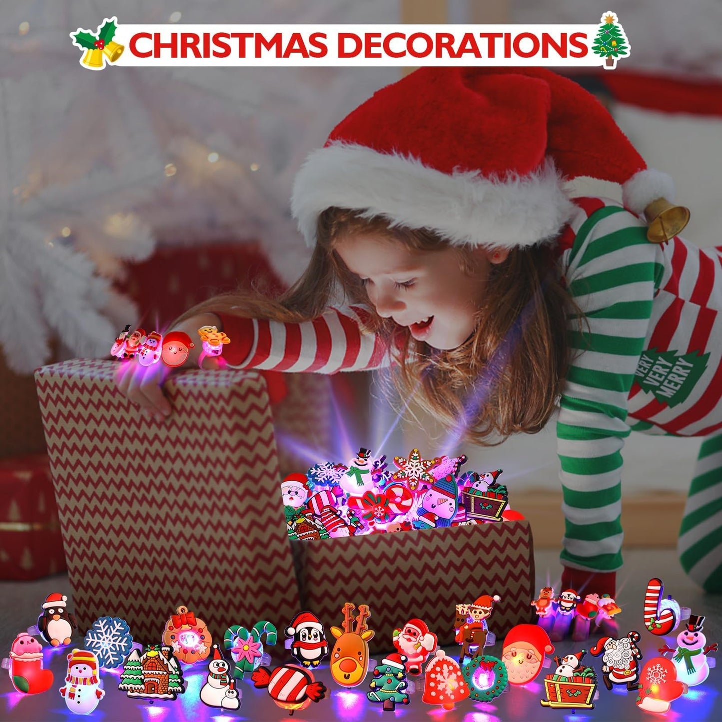 Coluans Christmas Stocking Stuffers for Kid 25Pcs Toys Christmas Party Favors for Kid LED Light Up Rings Flash Glow in The Dark Goodie Bag Stuffers Non Candy Gift Bag Fillers