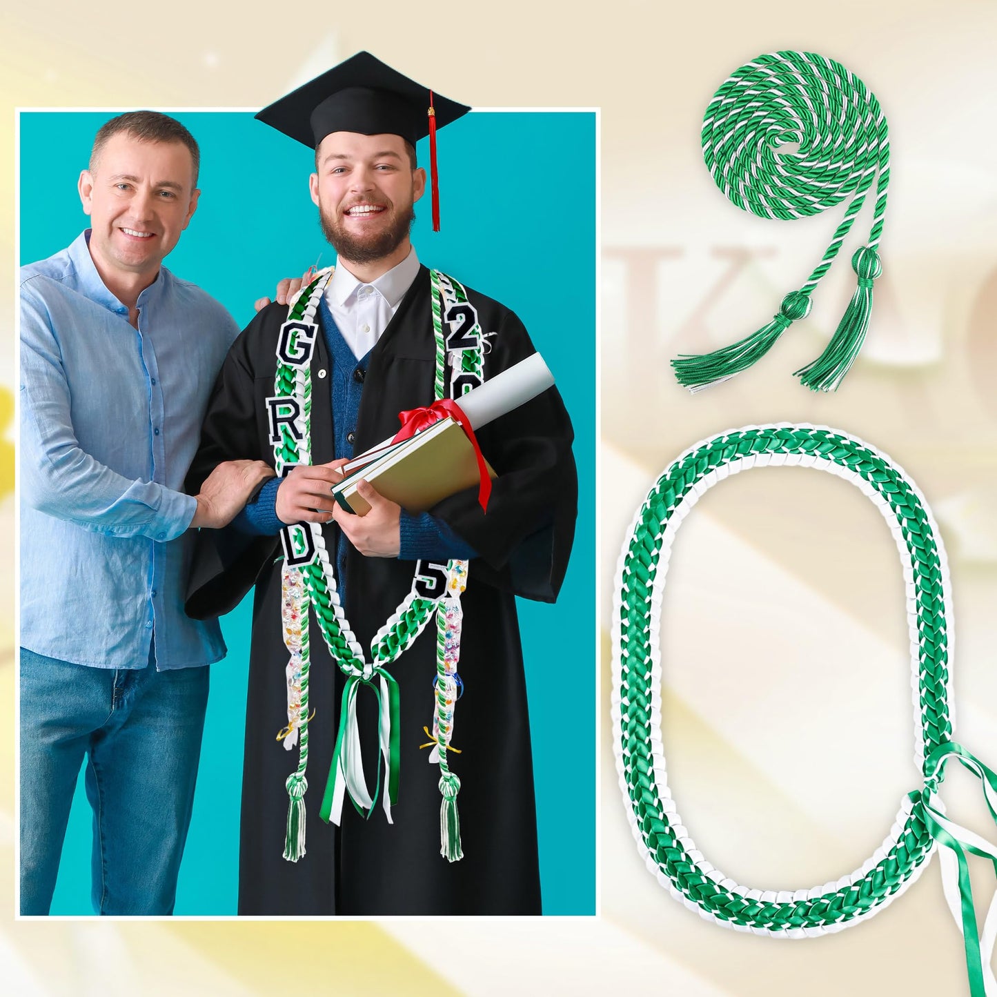 Flahard 17 Pcs Graduation Ribbon Lei Graduation Candy Lei Kit with Honor Cord Graduation Gifts Party Supply Women and Men (Green with White)