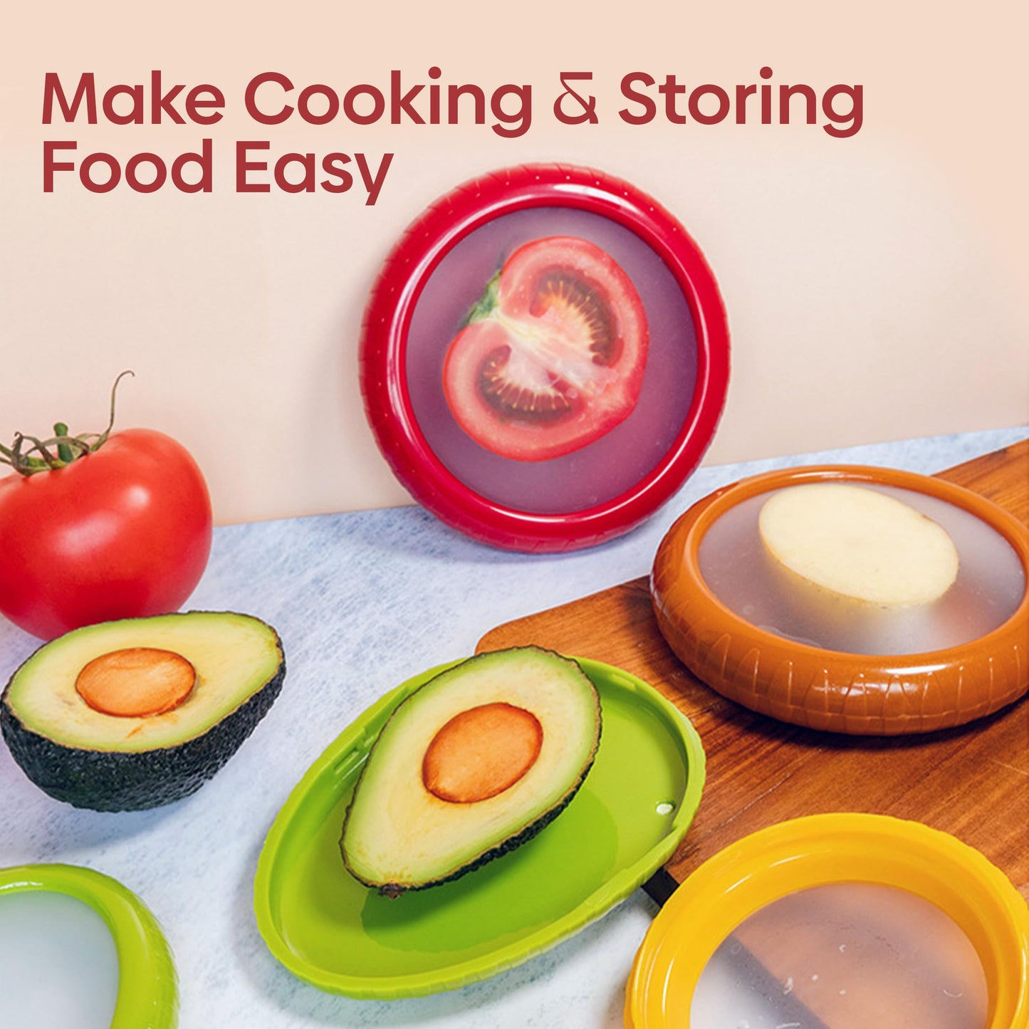 Set of 4 Food Popz Storage Containers | Fruit and Vegetable Anti-Oxidation Storage Box for Avocado, Onion, Lemon & Tomato | Fresh Pod Reusable Fruit Antioxidant Storage for Fridge | BPA-Free Box