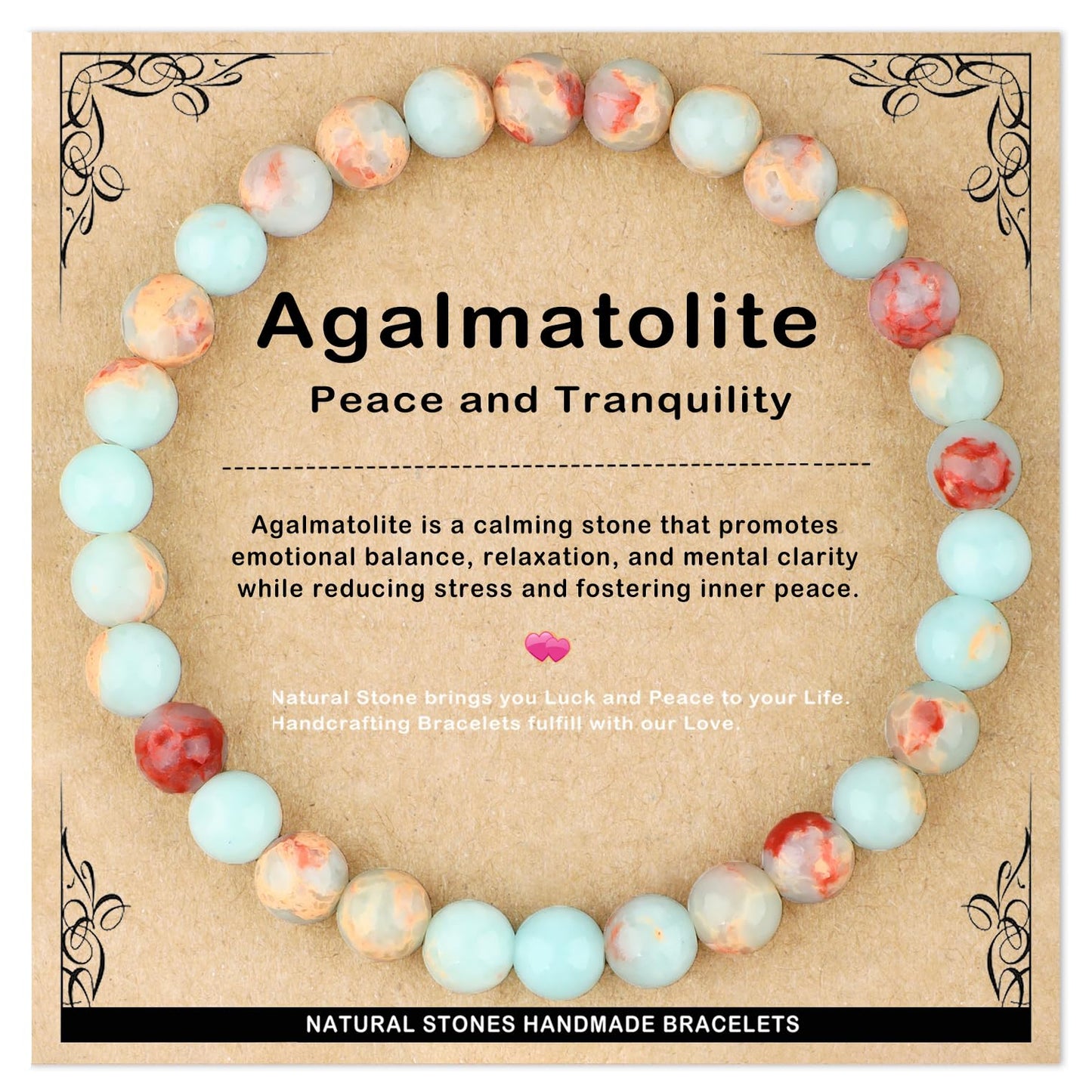 AD Beads 6mm Handmade Agalmatolite Elastic Bracelet – Natural Gemstone for Peace and Tranquility – Meditation, Yoga, Healing and Energy Gift for Men Women