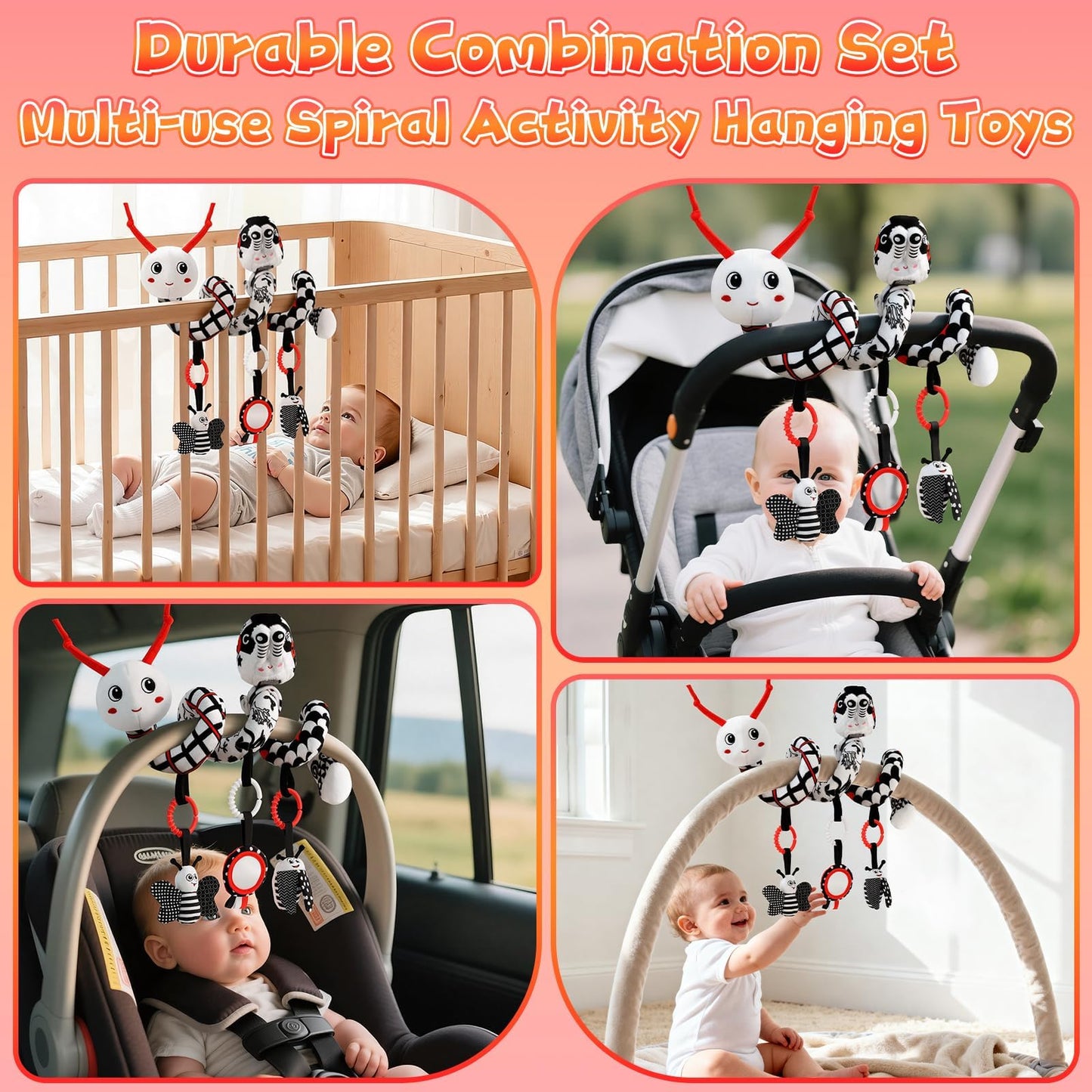 Zendstanding High Contrast Baby Toys for Newborn, Black and White Baby Sensory Toys 0-12 Months with Car Seat Toys & Soft Plush Toy, Activity Hanging Toys Velcro for Stroller Toys Baby Gifts
