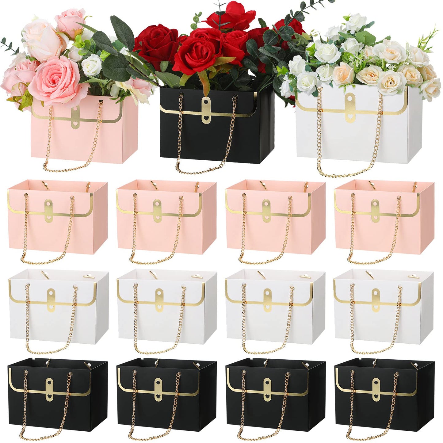 Lincia 12 Pcs Pink White Black Flower Box Wedding Flower Paper Gift Bag Bouquet Boxes with Handle Boxes for Arrangements Bouquet Wrapping Paper for Wedding Bridal Baby Shower Party Supplies
