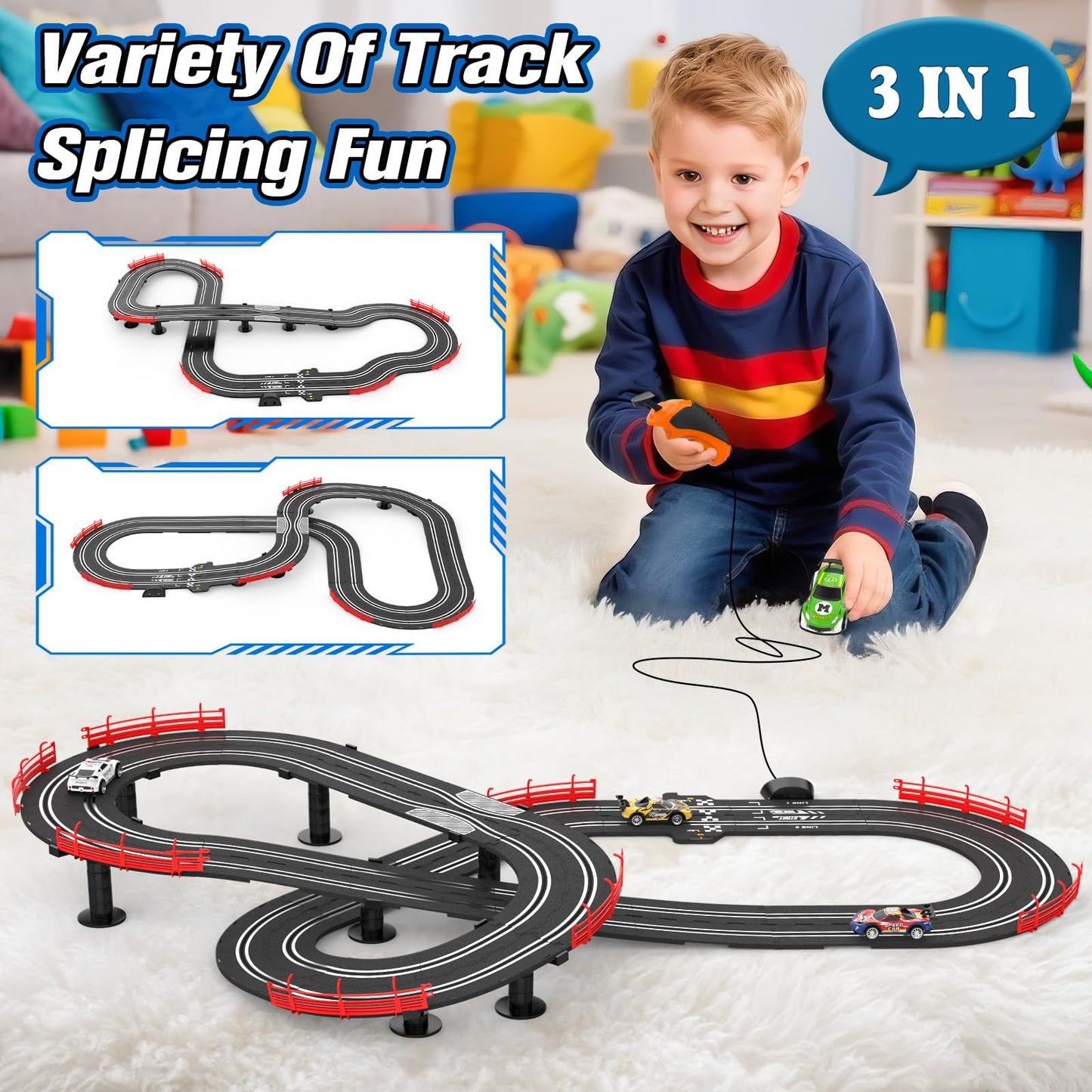 3-in-1 Slot Car Race Track Sets with 4 High-Speed Cars, Electric Track, Dual Racing Game with Lap Counter & 2 Controllers, and Circular Overpass Design – Toy Gift for Boys Kids Ages 4-6 6-8 8-12