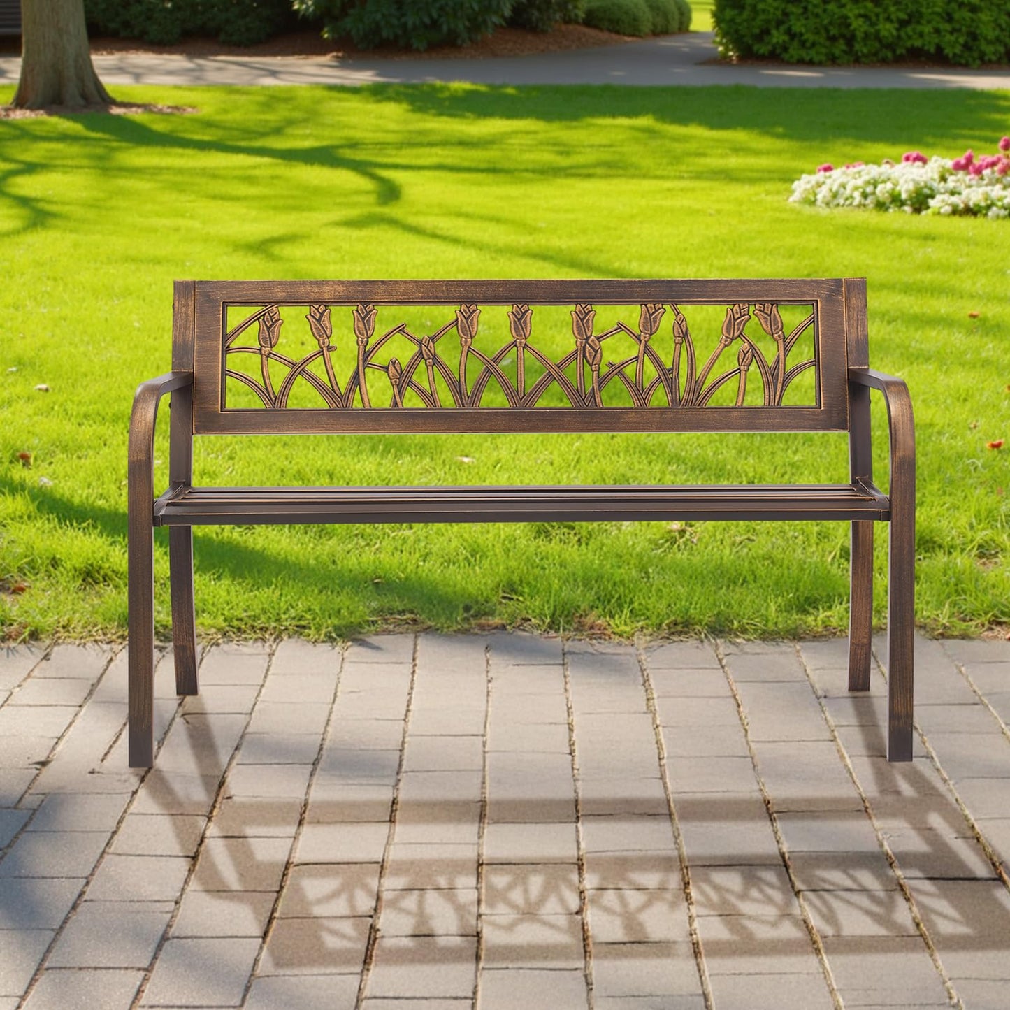 VEVOR Outdoor Bench, 50 inch, Carbon Steel Metal Frame with PVC Floral Pattern Backrest and Round Edge Armrests, Weatherproof Outside Bench for Patio, Garden, Park, Yard, Front Porch, Antique Bronze