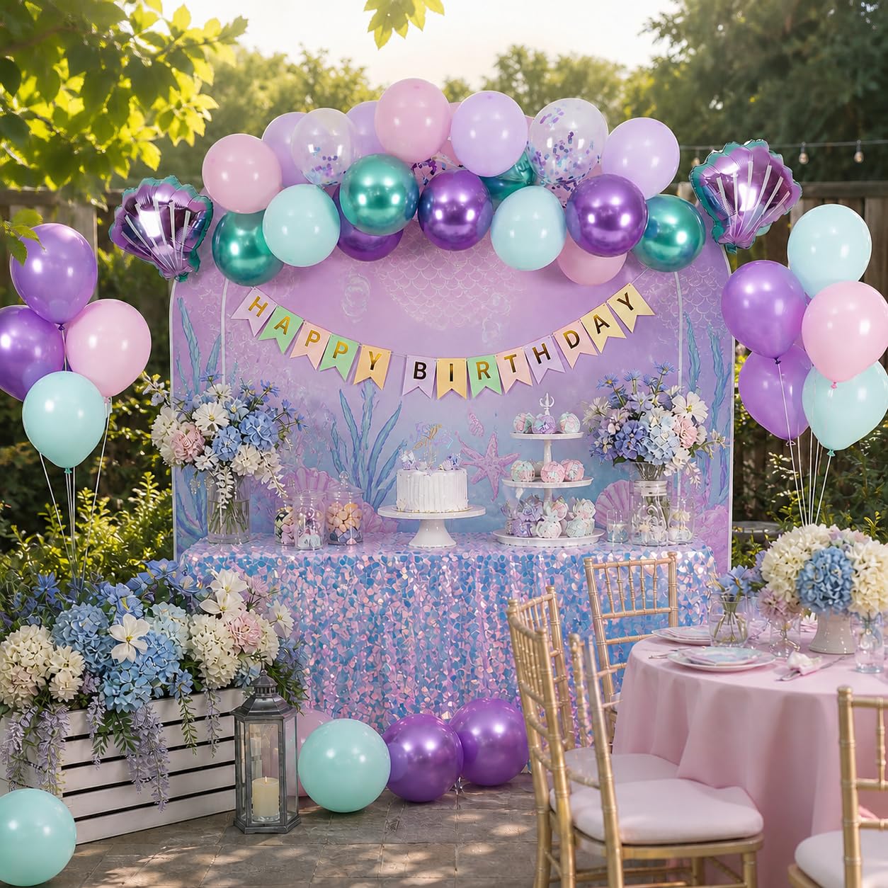 Mermaid Birthday Decoration for Girls,Metallic Purple Pink Green Blue Latex Balloons Seashell Foil Balloons Banner Cake Topper Mermaid Sea Decorations