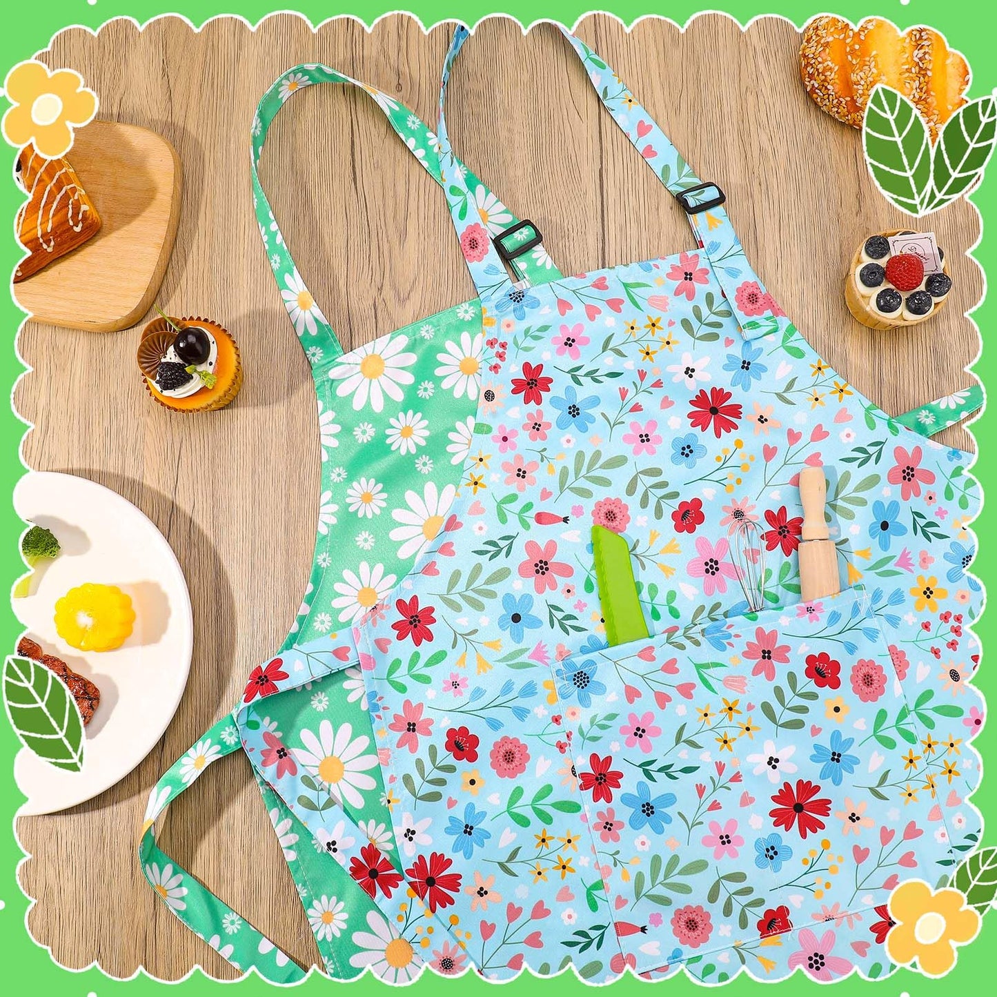 XLSXEXCL 2 Pack Kids Apron, Cute Floral Aprons, kids Aprons for Cooking Waterproof Art Apron with Pockets, Toddler Painting Artist Apron Adjustable for Boys and Girls for Painting Cooking Baking