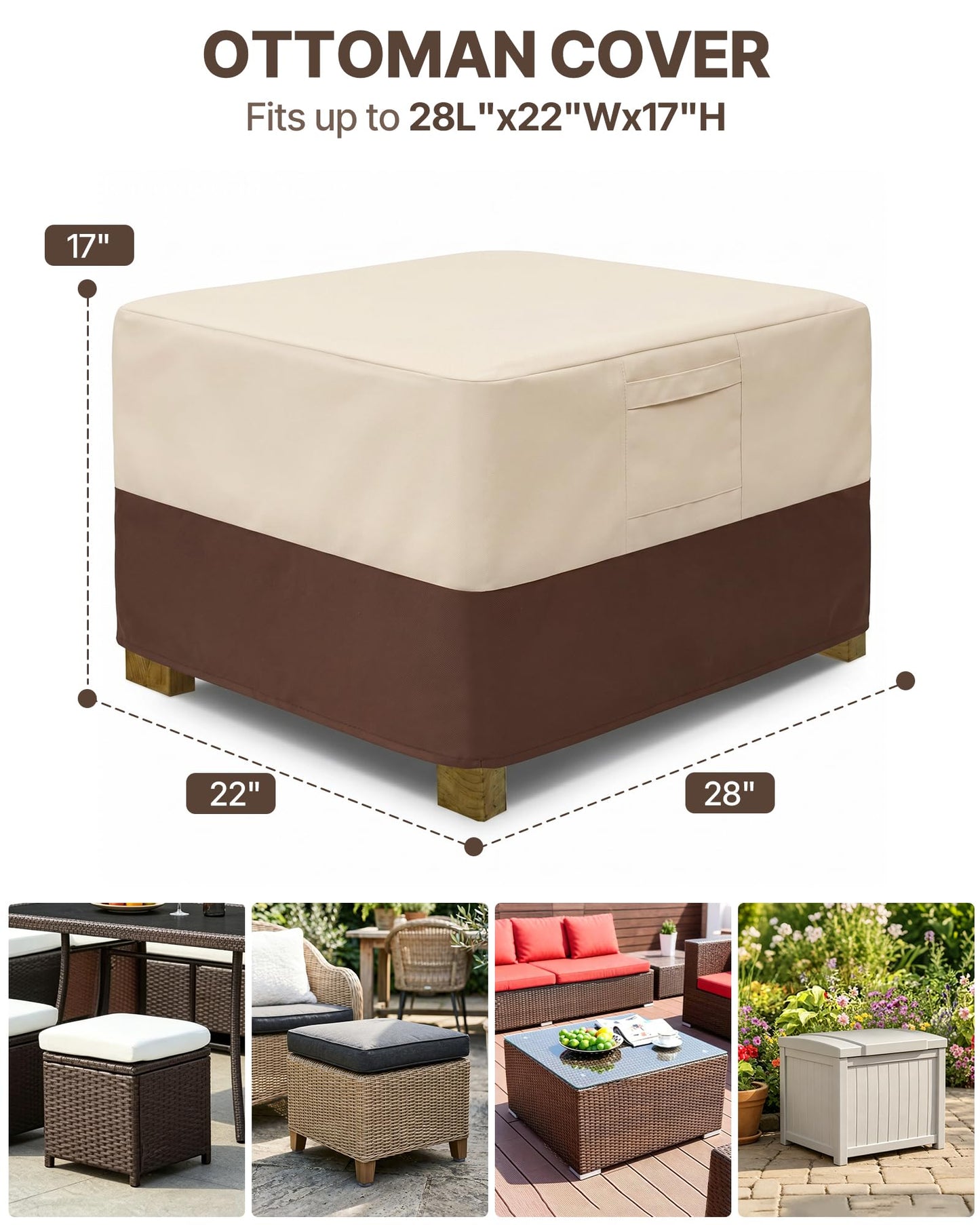Vailge Rectangle Patio Ottoman Cover, Waterproof Outdoor Ottoman Cover with Padded Handles, Patio Side Table Cover, Heavy Duty Patio Furniture Covers (Small,Beige & Brown)