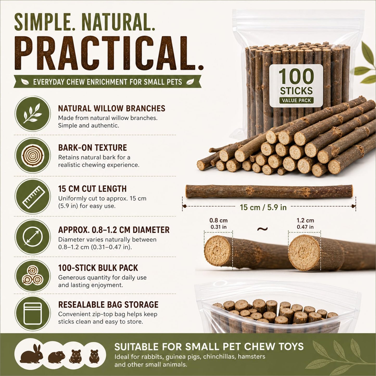 QTLCOHD 100Pcs 6 Inch Wood Sticks for Crafts, 0.3-0.5 Inch Diameter Twigs for Crafts, Natural Mini Wood Log Craft Sticks for Photo Props, DIY Crafts, Home Decorations, Pets, Etc.