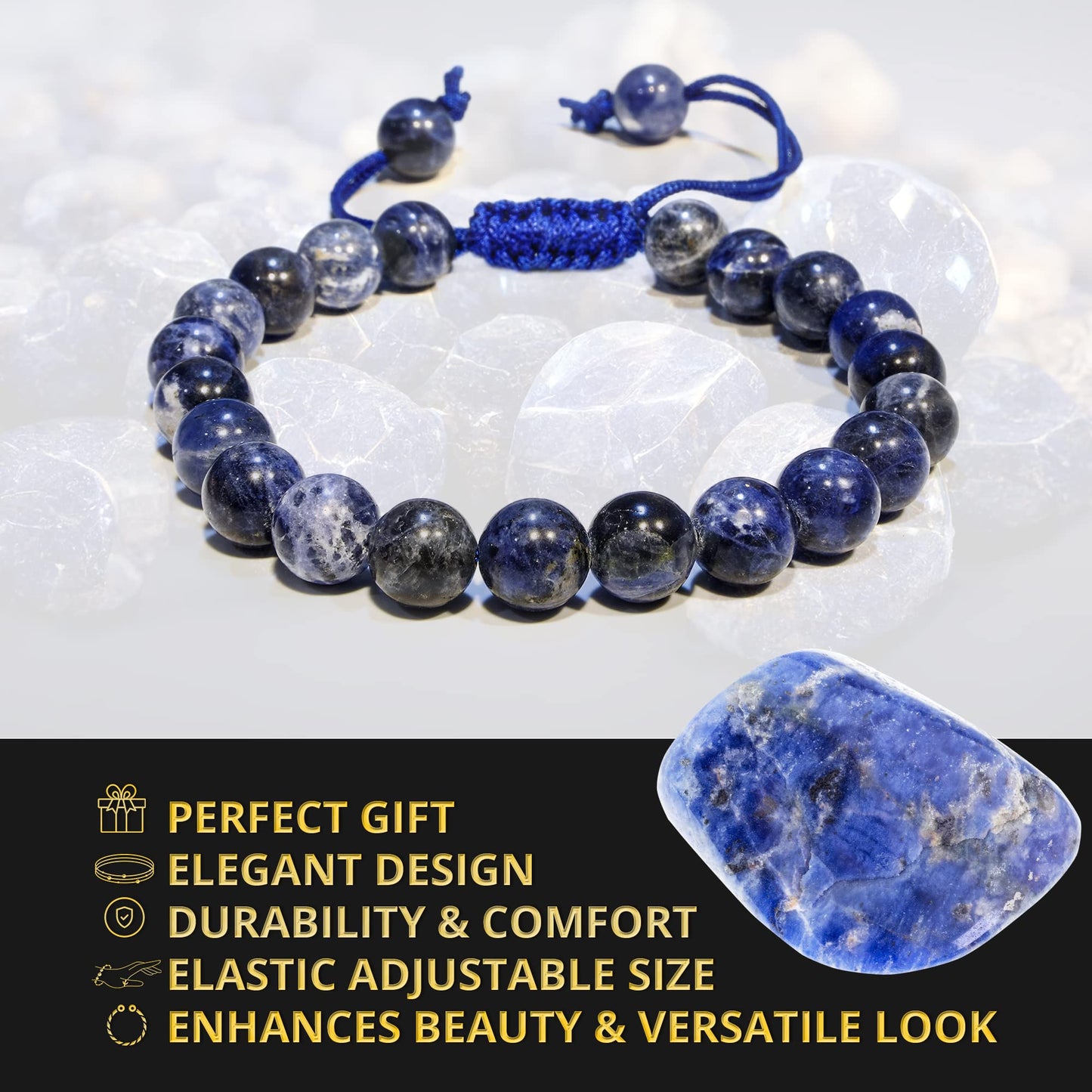 ANAYA AGATE Healing Crystal Bracelet – Chic Gemstone Bracelet for Men and Women – 8mm Round Bead Bracelets for Spiritual Healing, Protection, Positive Energy - Sodalite