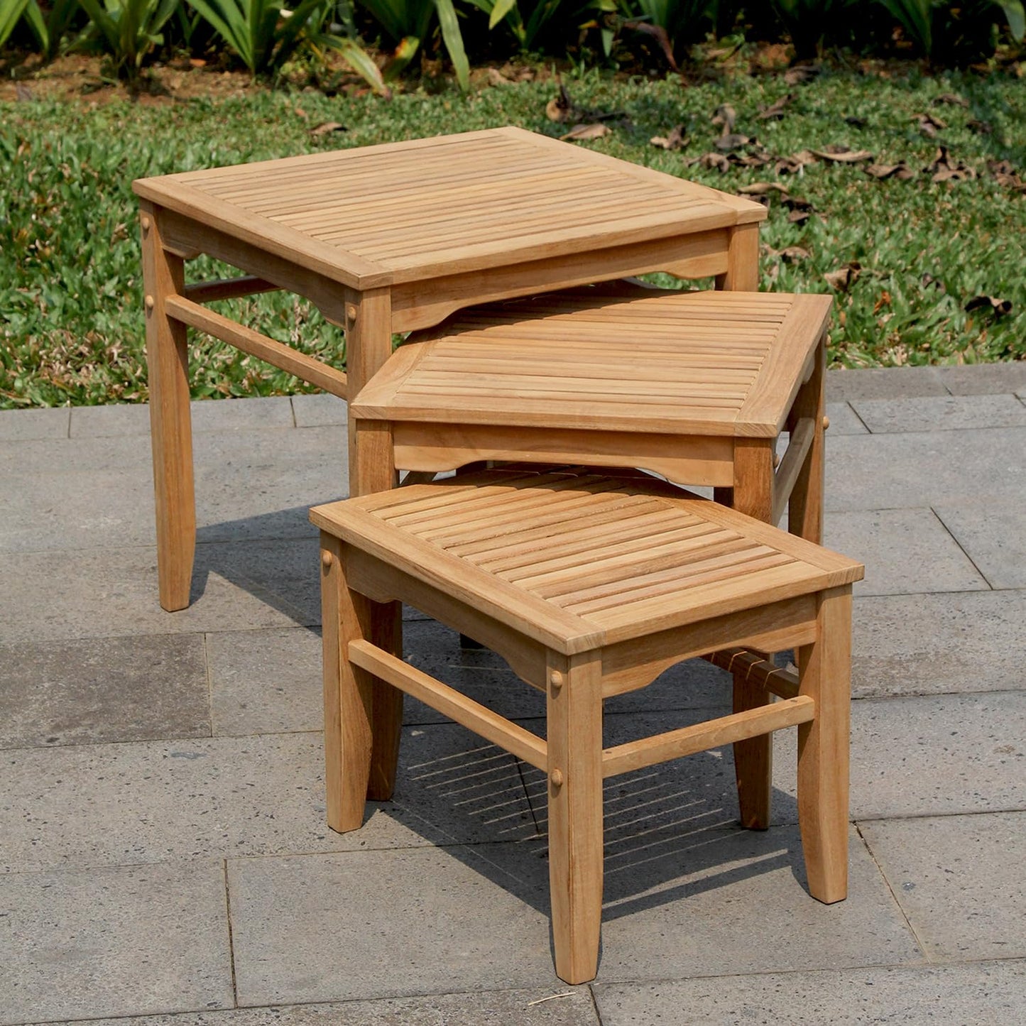 Cambridge Casual Arie Outdoor Nesting Side Tables Set of 3, Solid Indonesian Teak Wood Patio Accent Tables, Weather-Resistant Natural Finish for Garden, Porch, Balcony, or Poolside Use