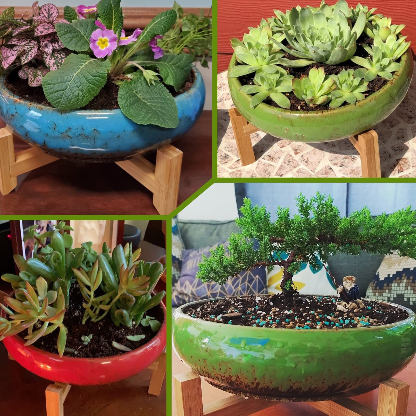 ARTKETTY Succulent Pots - 10 Inch Large Bonsai Pots with Drainage Stand Set of 2, Ceramic Plant Pots Shallow Succulent Planters for Indoor Plants Decorative Cactus Flower Planter Bowl