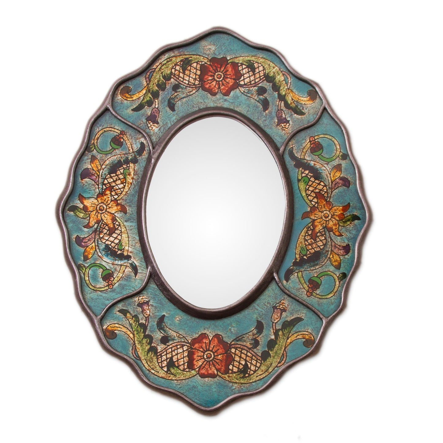 NOVICA Handmade Reversepainted Glass Wall Mirror Turquoise Floral from Peru Blue Wood Decor Mirrors 'Turquoise Colonial Wreath'