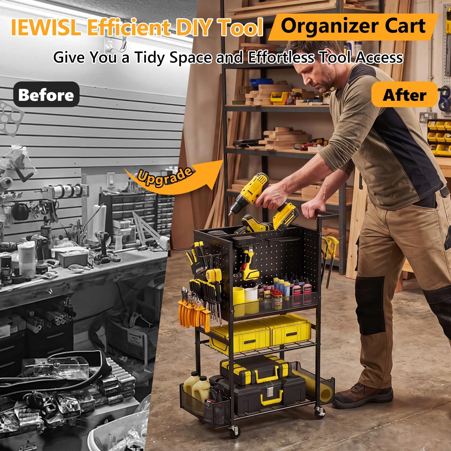 Tool Cart on Wheels, 4-Tier Metal Rolling Utility Cart with Pegboard & Storage Baskets, 242.5 lbs Heavy Duty Tool Storage Organizer for Garage, Workshop and DIY Projects
