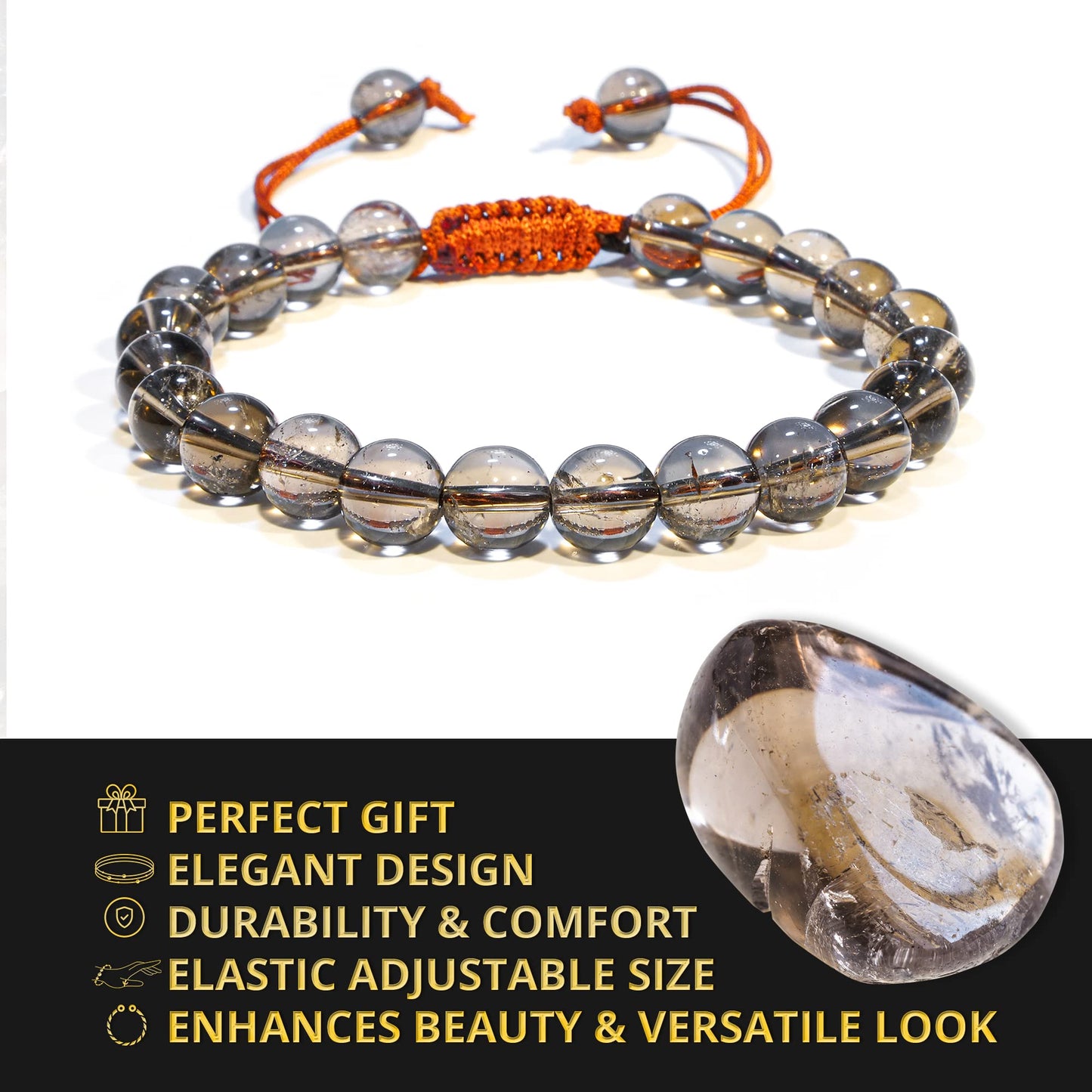 ANAYA AGATE Healing Crystal Bracelet – Chic Gemstone Bracelet for Men and Women – 8mm Round Bead Bracelets for Spiritual Healing, Protection, Positive Energy - Smoky Quartz
