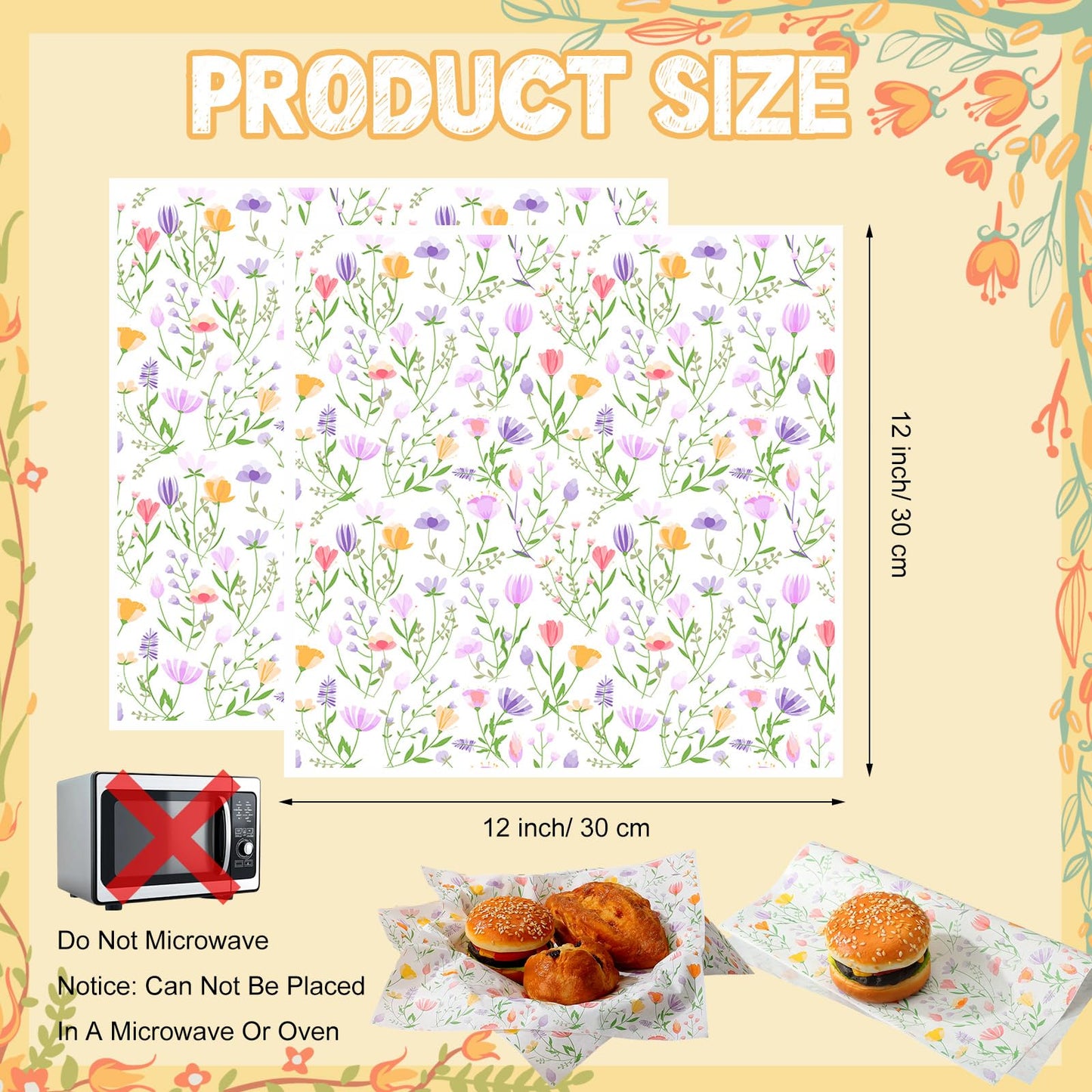 Humyoun 100 Sheet Spring Wildflower Wax Paper for Food Tissue Paper Gift Wrapping Floral DIY Baking Kitchen Package for Spring Wedding Picnic Hamburgers Sandwiches Desserts