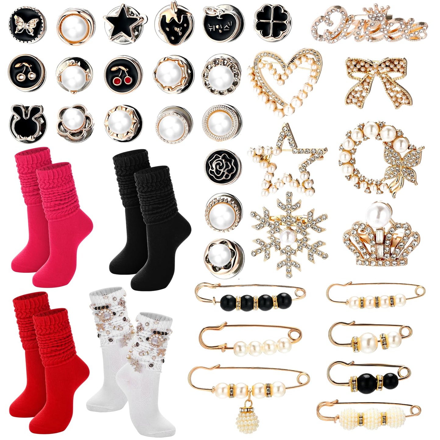 Cutecrop 41 Pcs Sock Charms Kit with 4 Pairs Slouch Socks for Women, Jewelry Charms Pins Brooches for Women, Pearl and Rhinestone with Safety Pins, DIY Accessories for Decorating Shoe Sneakers