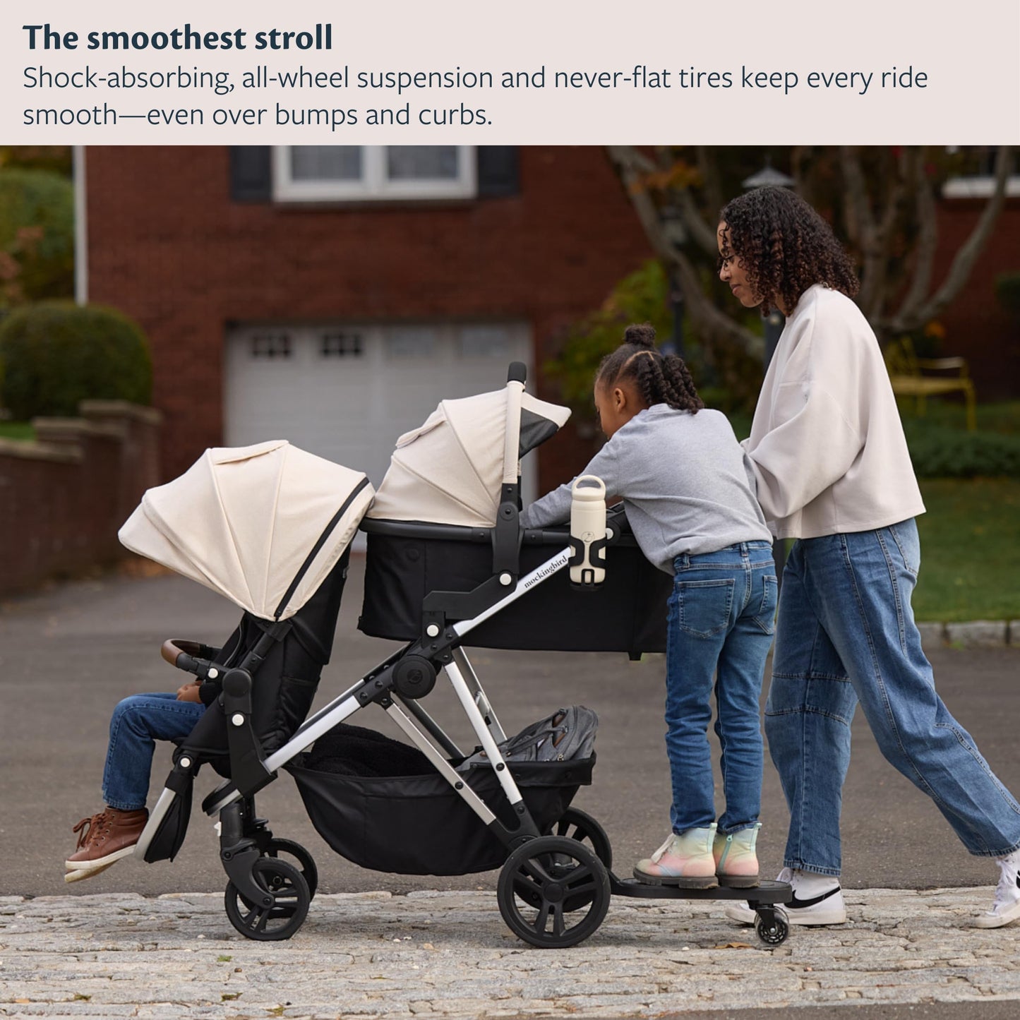Mockingbird Single-to-Double Stroller 3.0 - Convertible Full Size Baby Stroller for 1, 2, or 3 Kids with 44 Possible configurations, Travel System Compatible - Oat