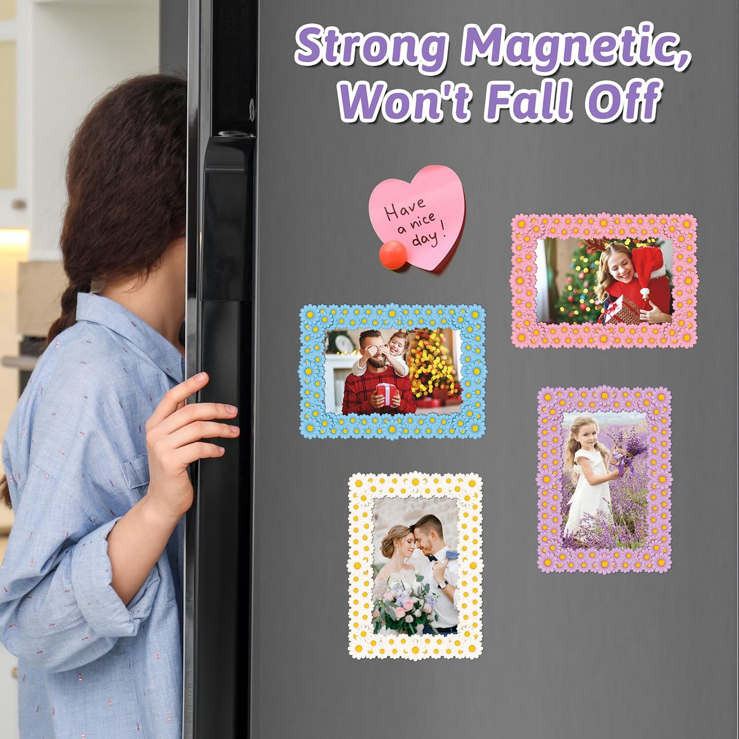 SUNEZLGO 6 Pack Magnetic Picture Frame, 4 x 6 Inches Fridge Magnetic Photo Frames, Magnetic Photo Frames for Refrigerator, Daisy Design Picture Frames for Home School Office