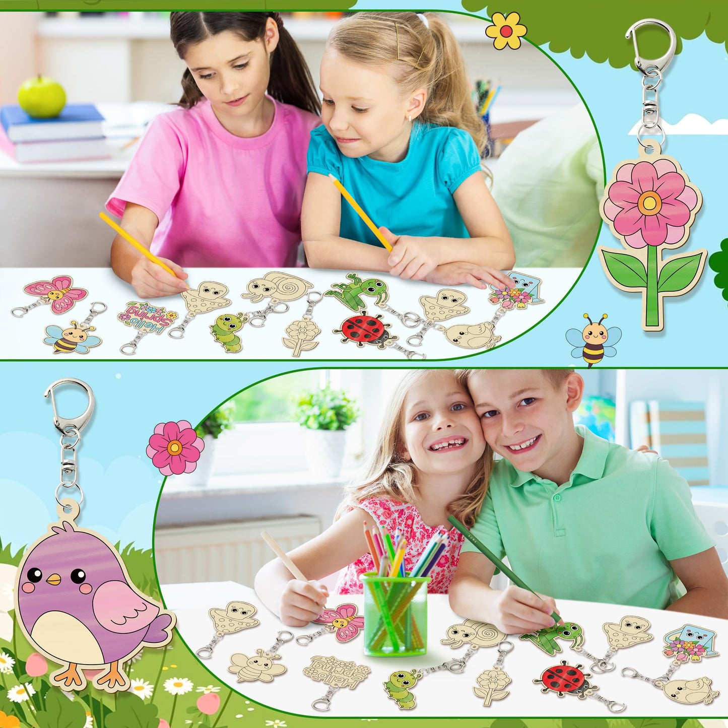 Haooryx Diy Wood Craft Kit - 24 Pcs Paint Decorate Your Own Hello Spring Cute Flower Animals DIY Wooden Art Painting Blank Keychains Wood Craft Kit Creative Activity Birthday Party Favors Goodie Bag