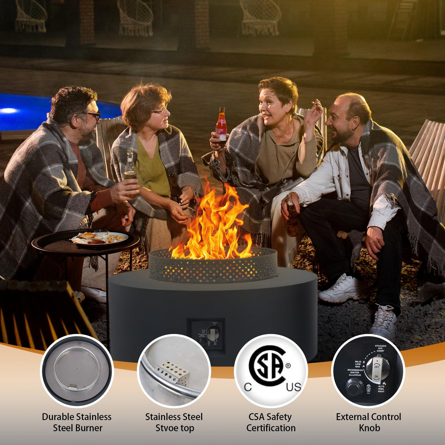 3-Piece Outdoor Fire Pit Table, 32 Inch Propane Fire Table 65,000 BTU Black Round Gas Firepit, Baking Sheet, Wind Guard and 16 inches Tank Side Table for Deck, Backyard and Pool, Black