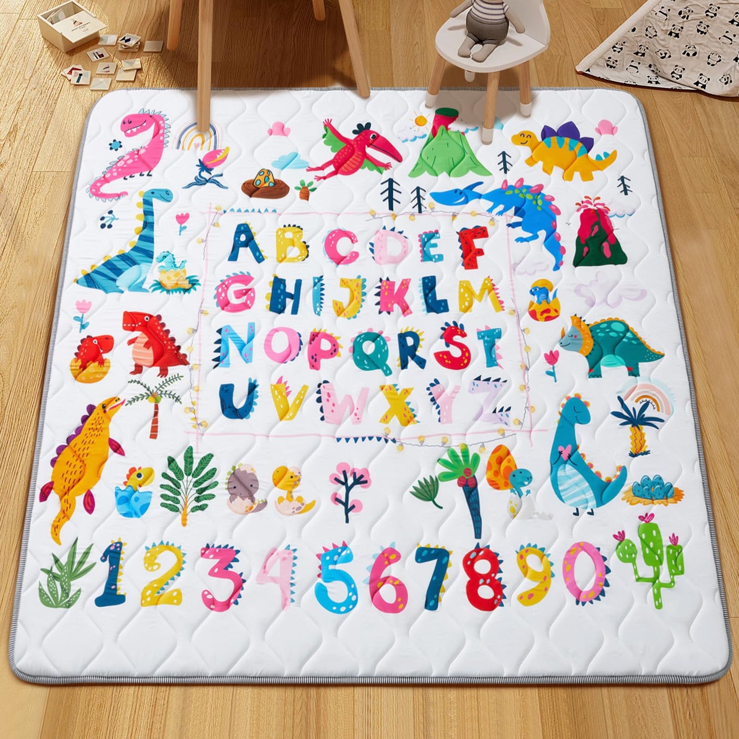 TreeBud Baby Play Mat - Thicken 71x59 Inch Soft Foam Crawling Mat for Playpen & Floor, Non-Slip Waterproof Playmats for Infants & Toddlers, Portable Foldable & Machine Washable, Dinosaur & Letters