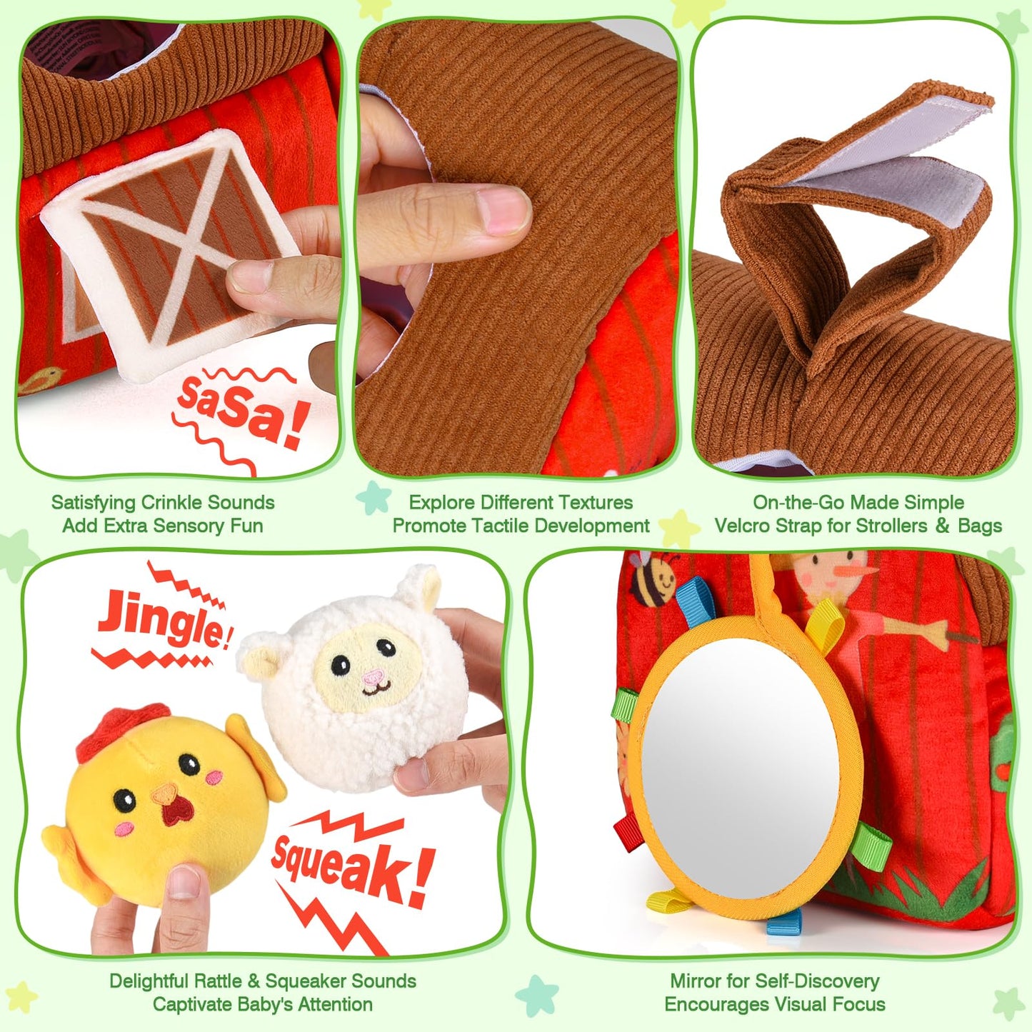 Aojieni Baby Toys 6-12 Months: Plush Surprise Barn with Stuffed Farm Animals, Rattle, Crinkle Paper, Mirror, Busy Montessori Toys for Babies, Infant, Newborn, Sensory Toys for Toddlers 1-3