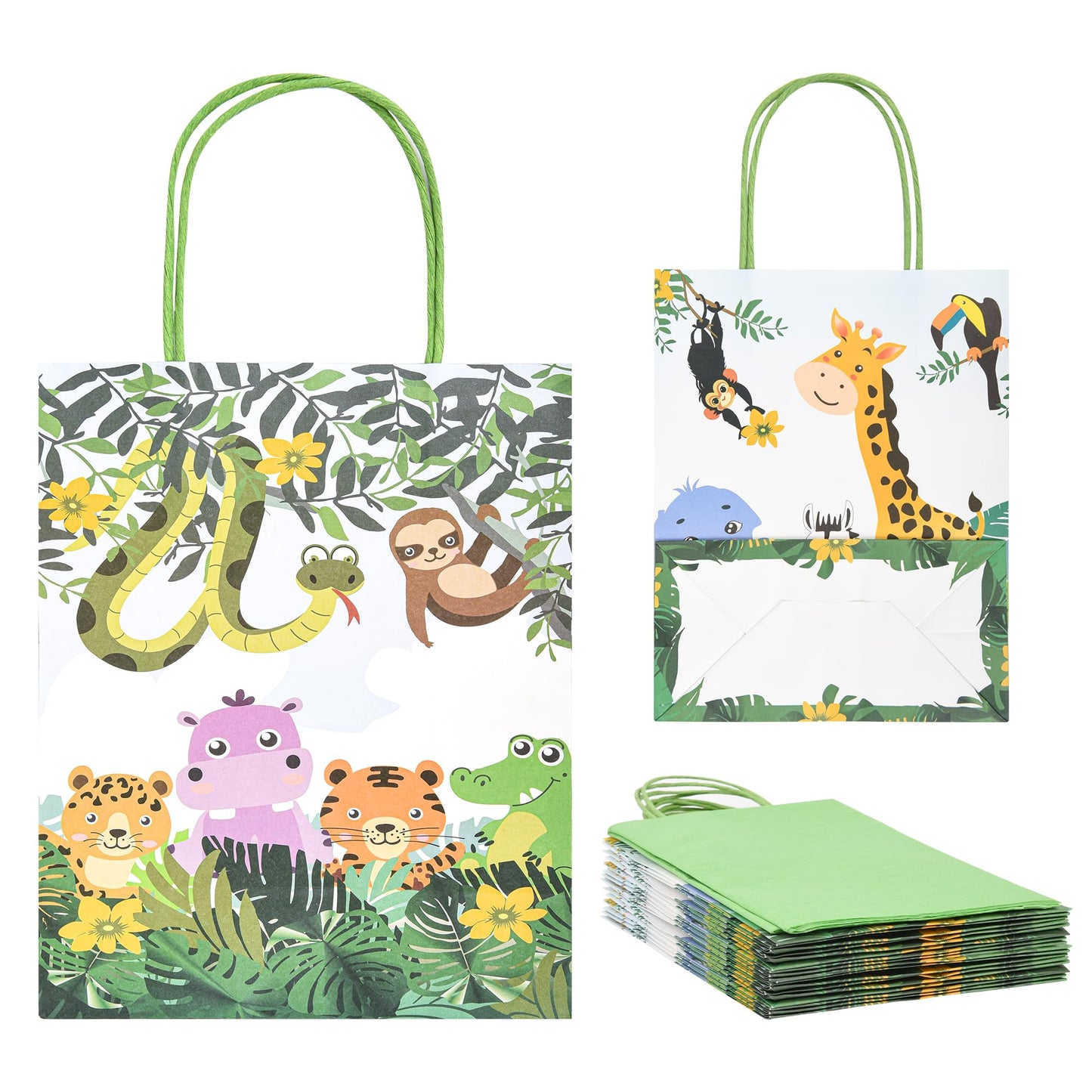 36 Pack Medium Jungle Safari Woodland Animal Themed Paper Gift Bags with Handles and Green Tissue Paper for Birthday Baby Shower Party Favors Goodies Treats, 10x8x4 Inch (2 Assorted Designs)