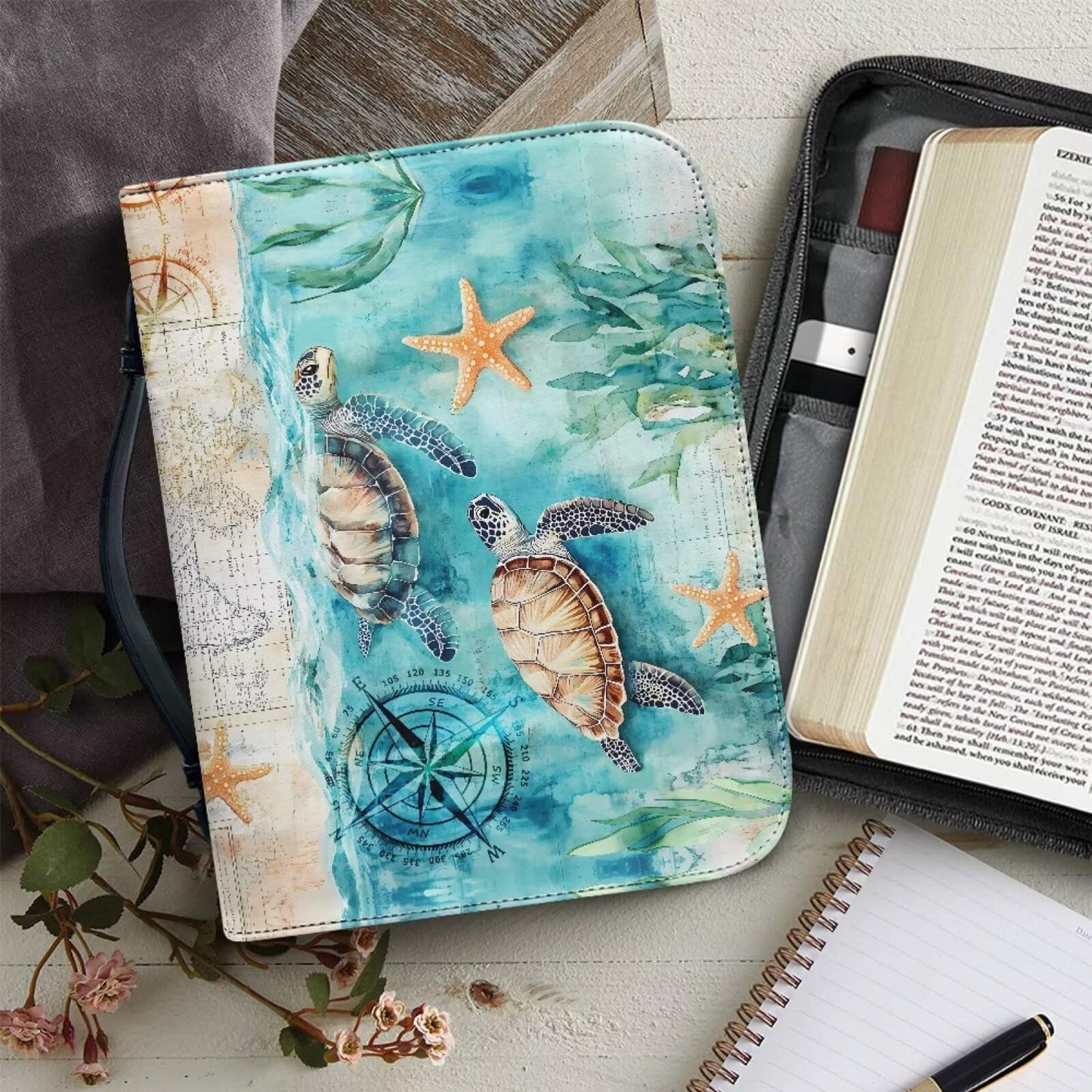 WUYOJUXA Sea Turtle Bible Cover Case for Women Men Study Bible Case Ocean Carrying Book Case for Bible Accessories Christian Gifts For Women-size：L