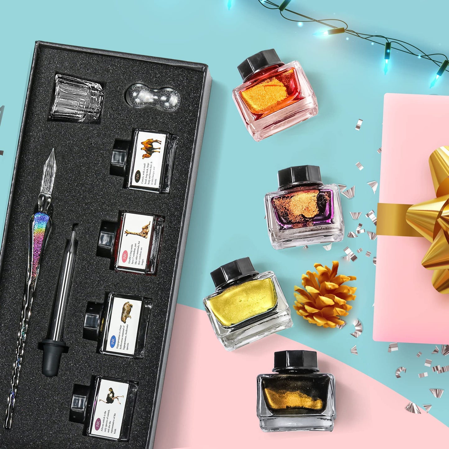 ESSSHOP Handmade Glass Dip Pen and Ink Set - 15ml Color Inks Pen Holder Cleaning Cup Ink Drip Tool Crystal Signature Dipped Pen Kit for Art Writing Calligraphy Christmas Day Gifts