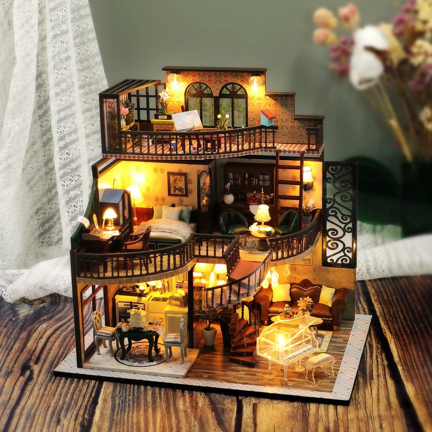 Spilay DIY Miniature Dollhouse Kit with Wooden Furniture,1:24 Scale Mini House with Dust Proof Cover & Music Box,Best Valentine's Day (M2132)