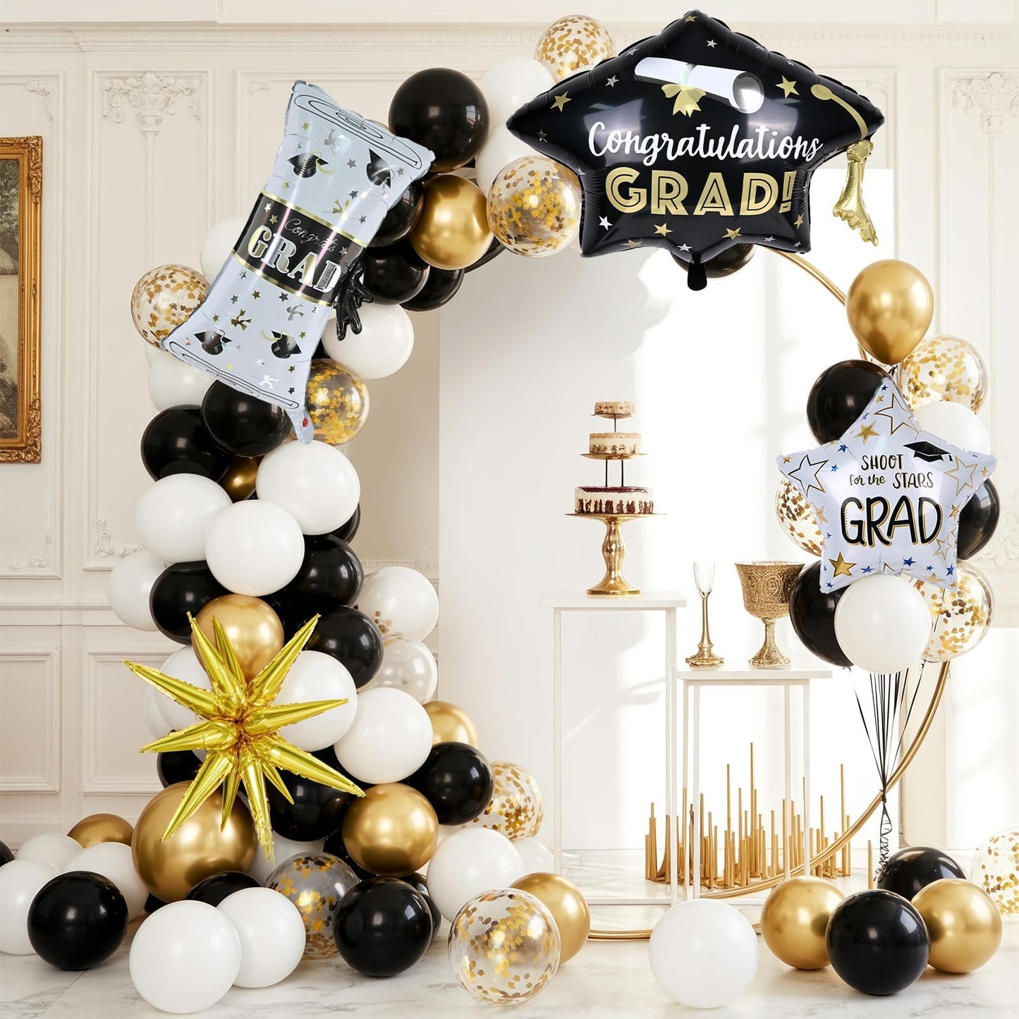 Graduation Balloon Arch Garland Kit 2026, Black Gold Confetti White Graduation Decorations with Foil Grad Cap Diploma Star Balloons for Congrats Class of 2026 Graduates Celebrations Party Decorations