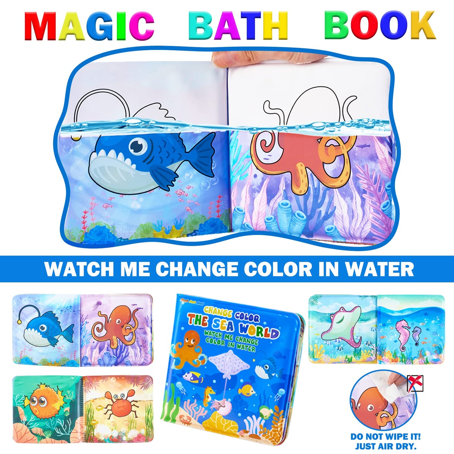 Color Changing No Hole Bath Toys for Kids Toddlers, Color Change Water Table Bathtub Toys Sea Creatures Rubber Fish for Kids & 2 Glow in The Dark Ocean Animal with Bath Book