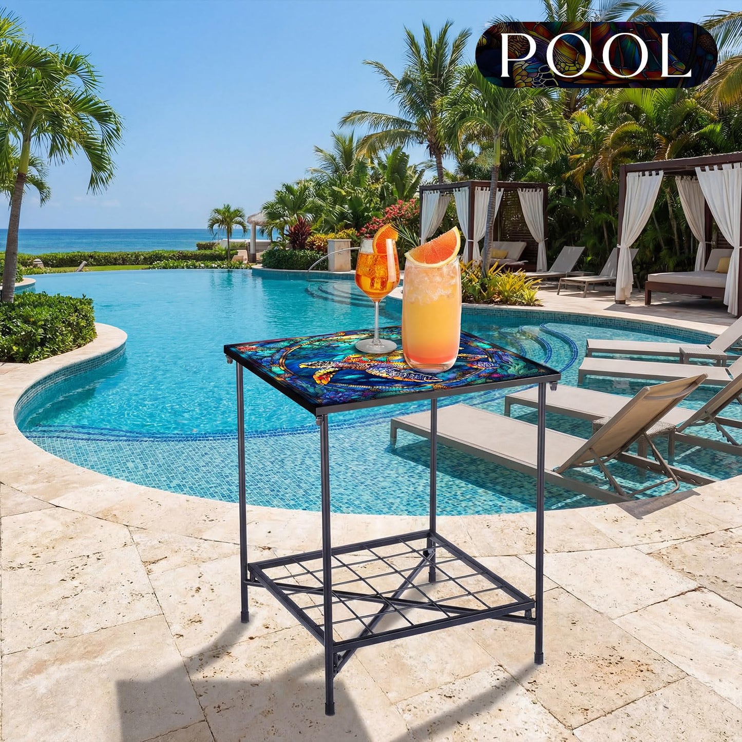 Cinnvoice Outdoor Side Table 2-Tier Storage Square Small Mosaic Patio Accent Indoor End Plant Coffee Tea Table for Yard Patio Porch Garden Living Room, Bedroom(Turtle Style)