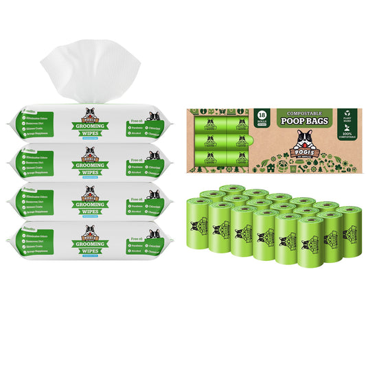 Pogi's Poop n' Wipe Combo Pack - 270 Compostable Dog Poop Bags and 400 Plant-Based Grooming Wipes Bundle