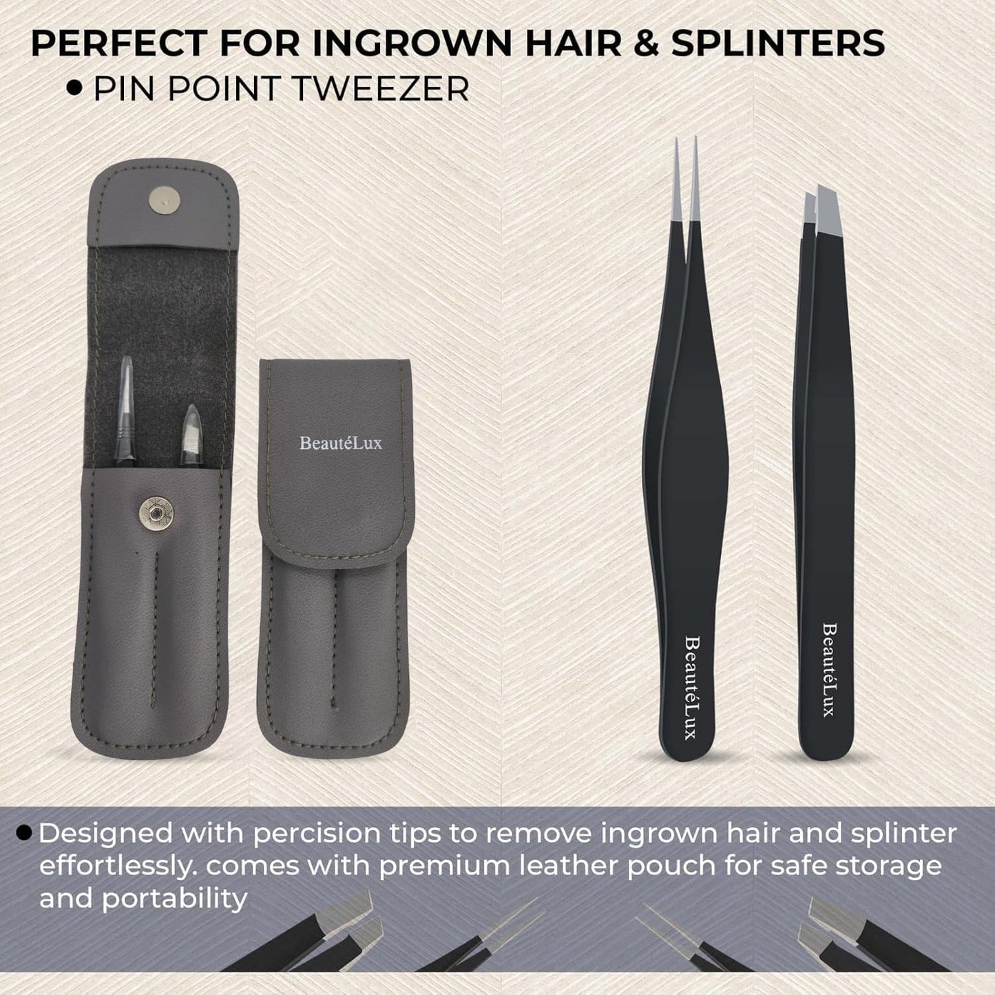 BeautéLux Precision Tweezer Set – Slant & Pointed Tip Stainless Steel Eyebrow Tweezers with Leather Pouch, Professional Hair Removal for Ingrown Hair, Chin, Splinter & Blackhead