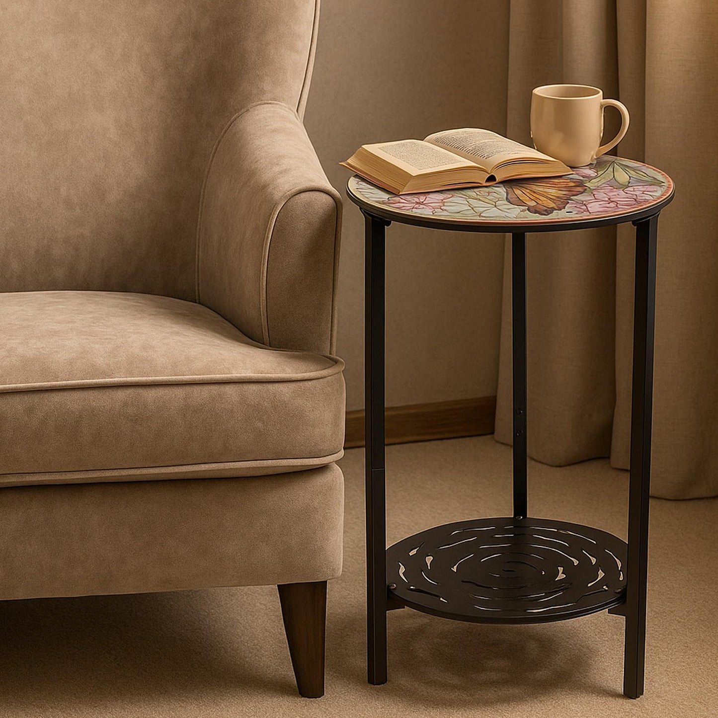 lucpur 2-Tier Metal Round Side Table Black Accent Coffee Tables Small Space Corner Plant Stand Shelf for Indoor Outdoor Use Patio Balcony End Table Butterfly Print Weather-Resistant