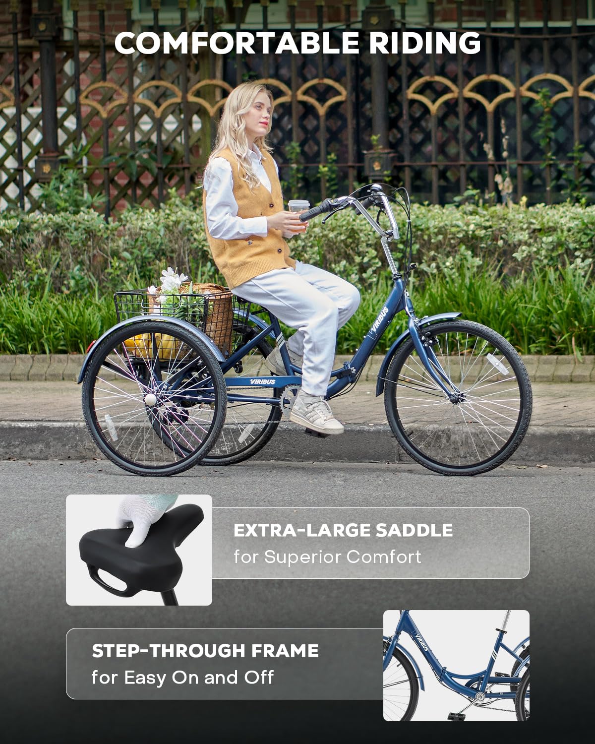 VIRIBUS Folding Tricycle for Adults, 7 Speed Foldable Adult Tricycle with Removable Wheeled Basket, Folding 3 Wheel Bikes for Adults Men Male Seniors 26 inch, Collapsible Trike 330 LB. Blue