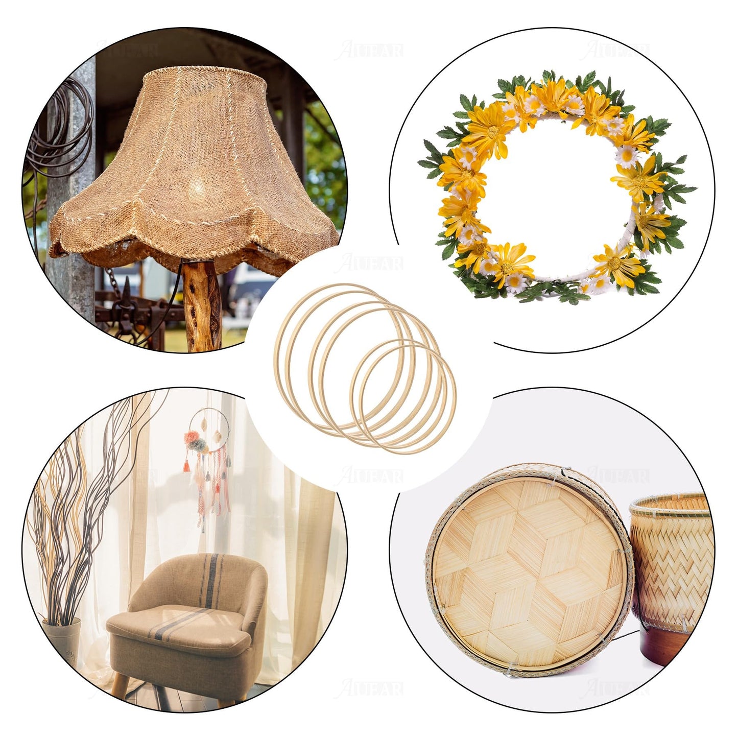 AUEAR, 12 Pack Wooden Bamboo Floral Hoop 3 Sizes Macrame Rings Dream Catcher Craft Hoops Ring for DIY Wedding Wreath Wall Hanging Catchers Crafts (8 Inch/10 Inch/12 Inch)
