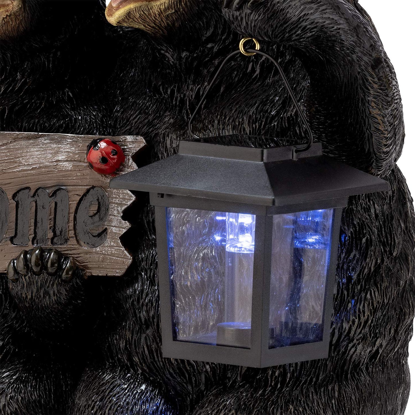 Alpine Corporation 15" H Outdoor Bear Couple with Lantern and Welcome Sign Statue with Solar LED Lights, Black