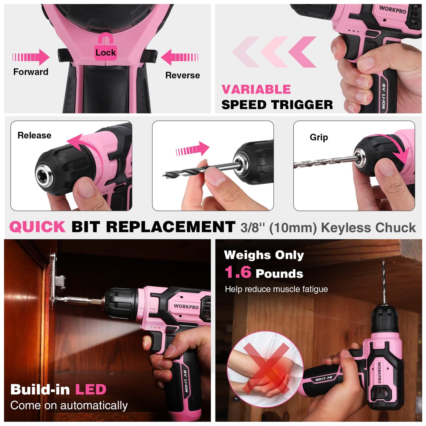 WORKPRO Pink Cordless Drill Set, 8V Impact Drill Driver with 53pcs Bit Set, 2.0Ah Electric Power Drill Kit with 3/8" Keyless Chuck and Variable Speed Trigger, Portable for DIY- Pink Ribbon
