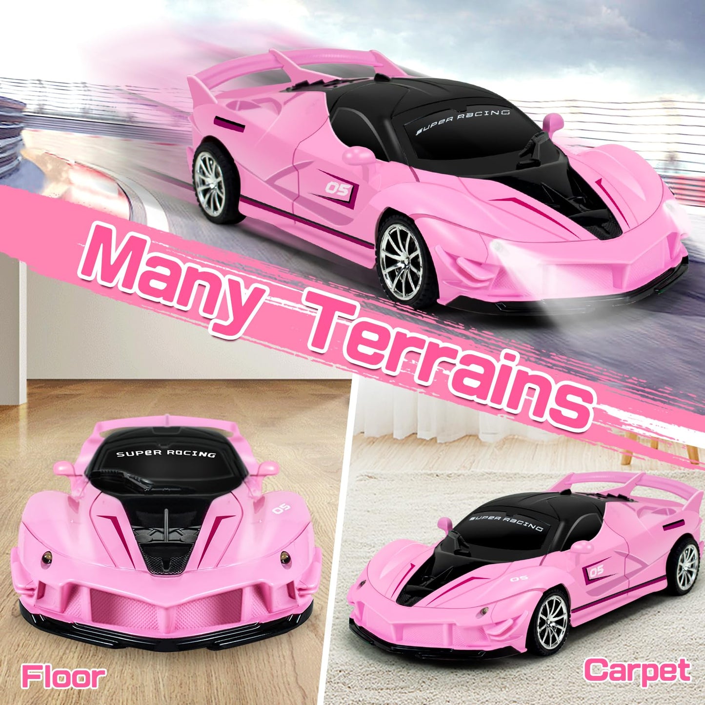 Bloolilies Remote Control Car for Girls, 1:18 Scale Hobby Rc Cars Toys for Kids Toddlers Age 3 4 5 6 7 8-12 Year Old- Model Sports Racing Car with Headlights Birthday Gift, Pink