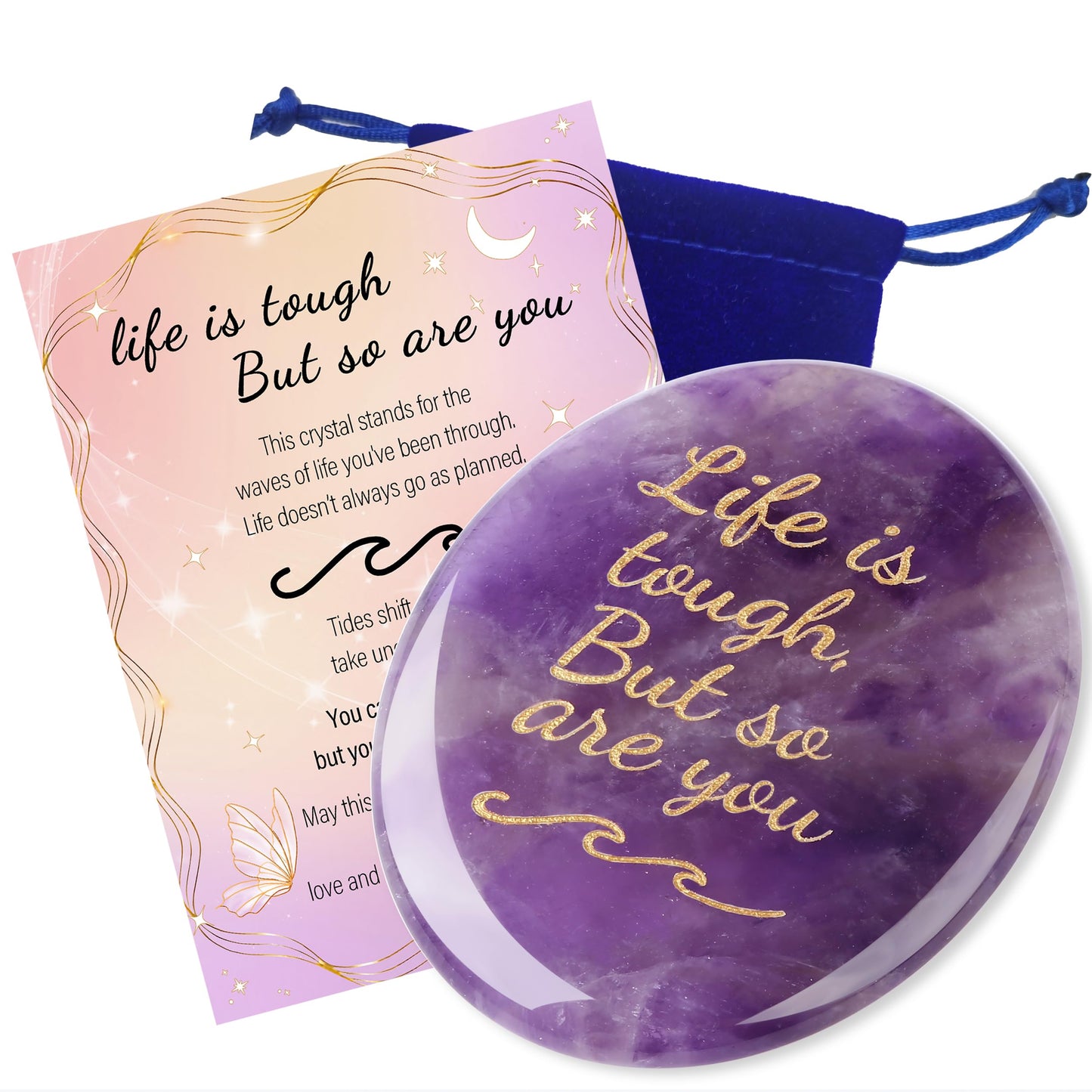 NUKAYAI Inspirational Gifts Worry Stone Amethyst Crystal Crystals and Healing Stones Oval Natural Meditation Accessories Gemstones Trinkets Pocket Stress Relief Anxiety Relief Items Gifts for Women