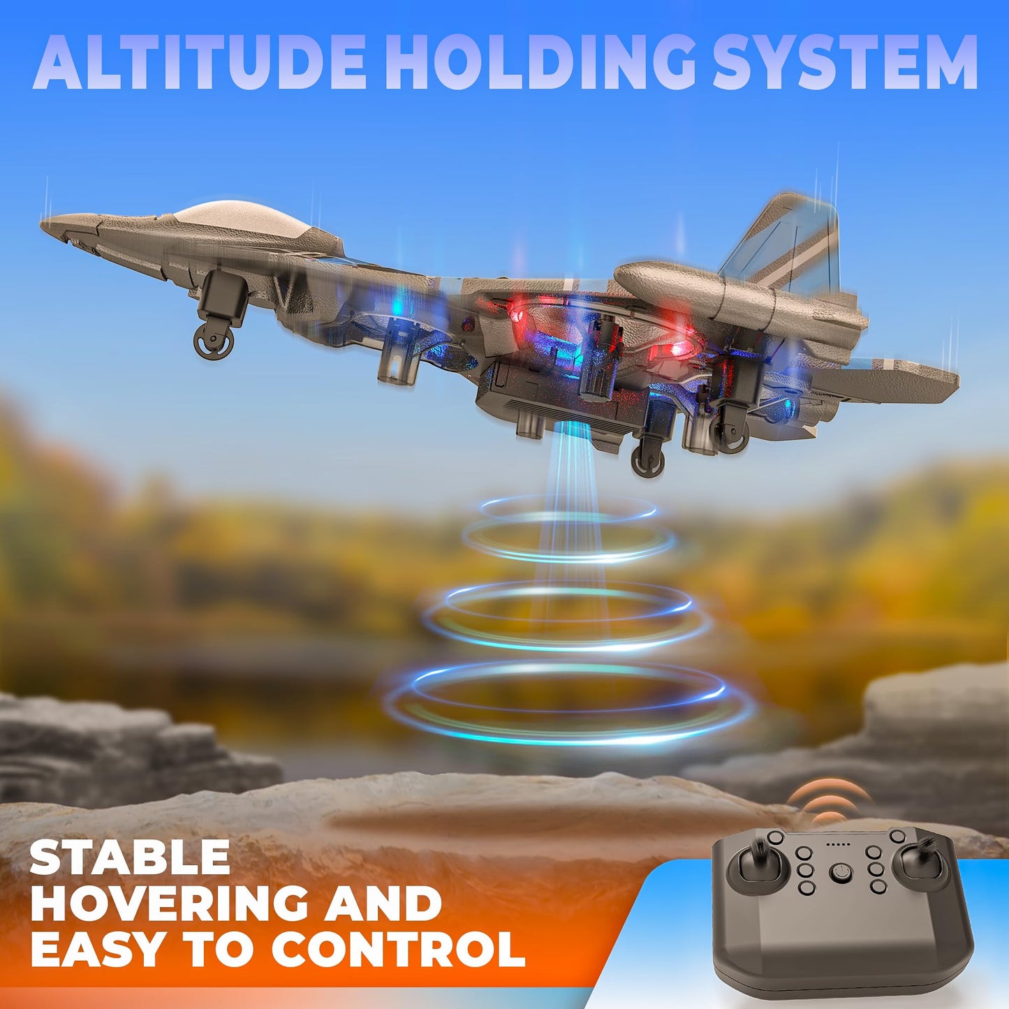 BEZGAR Drones for Kids | 2.4GHZ RC Plane | Remote Control Airplane, RC Helicopter, 360° Flip Fighter Jet Toy, Toys for ages 8-13 with Colorful LED Navigation Lights Blue