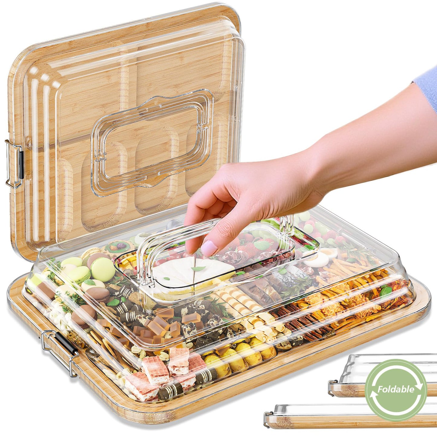 Charcuterie Boards with Foldable Lid, Portable Bamboo Cheese Board with 6 Compartments, Clear Locking Lid and Handle, Easy to Store, Suitable for Picnics, Camping, Parties & Housewarming Gifts