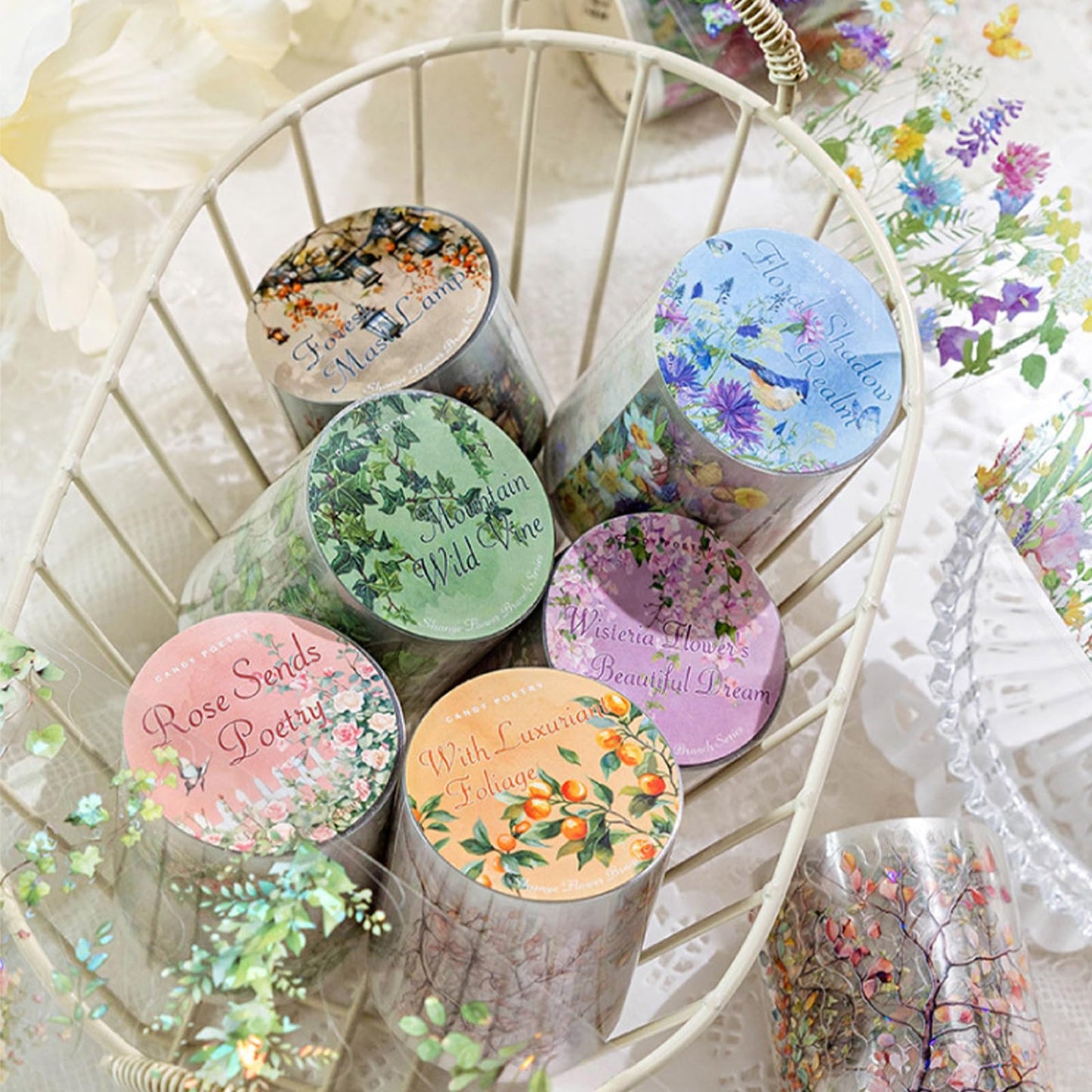 Funincloud PET Tape Stickers for Journaling 6 Rolls Pre-Cut Flower Washi Tape Stickers Decorative Tape for Crafts Scrapbooking Junk Journal Supplies, Flower Branch