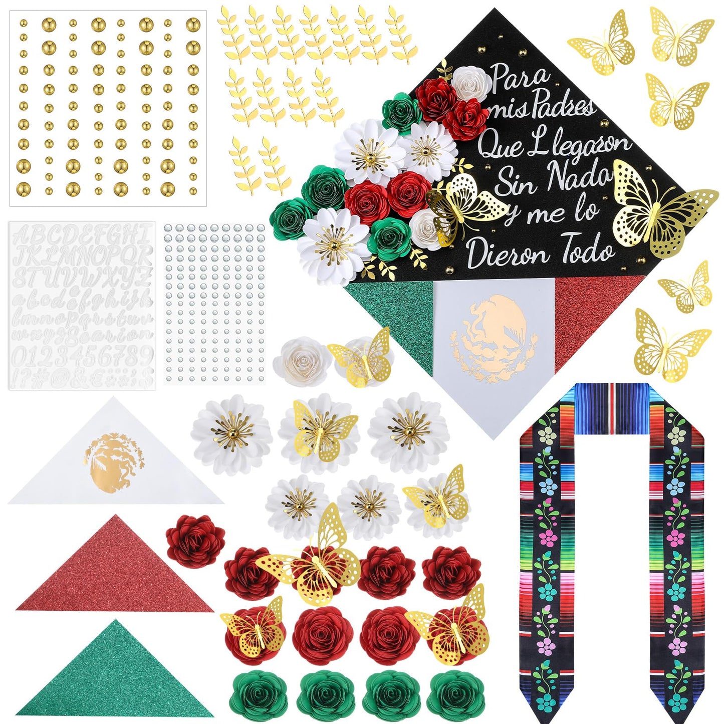 Humyoun 44 Pcs DIY Graduation Cap Decorations Kit, Mexican Graduation Stole Sash Flower Heads 3D Butterfly Stickers Glitter Rhinestones Pearl Stickers Alphabet Letter Number for Grad Cap Topper Gift