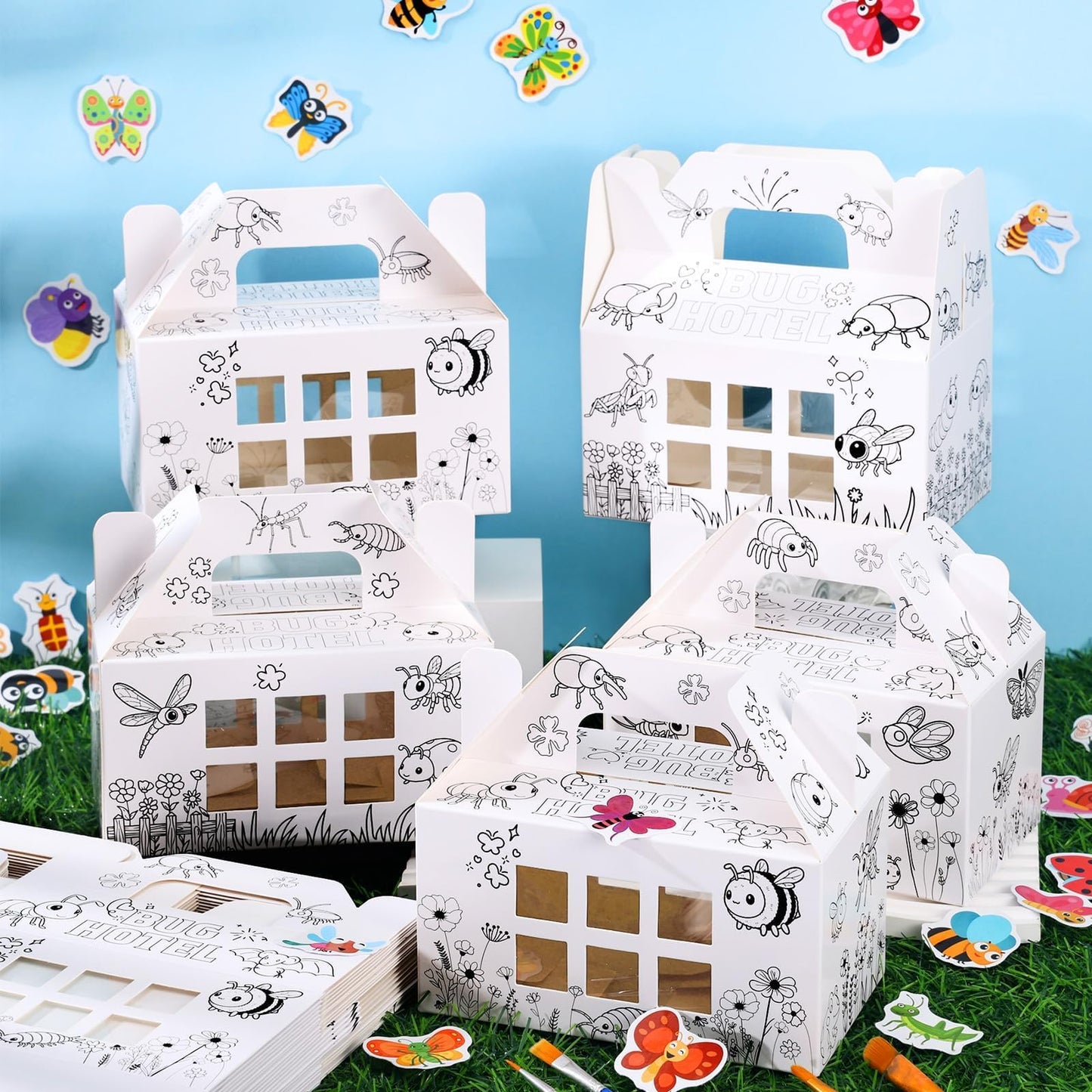 Ailefentene 28 Pack Bug Hotel Box Color Your Own Cardboard Bug Catchers with Stickers, DIY Insect Critters Collection Gable Box with Window for Spring Summer Garden VBS Crafts Party Favors