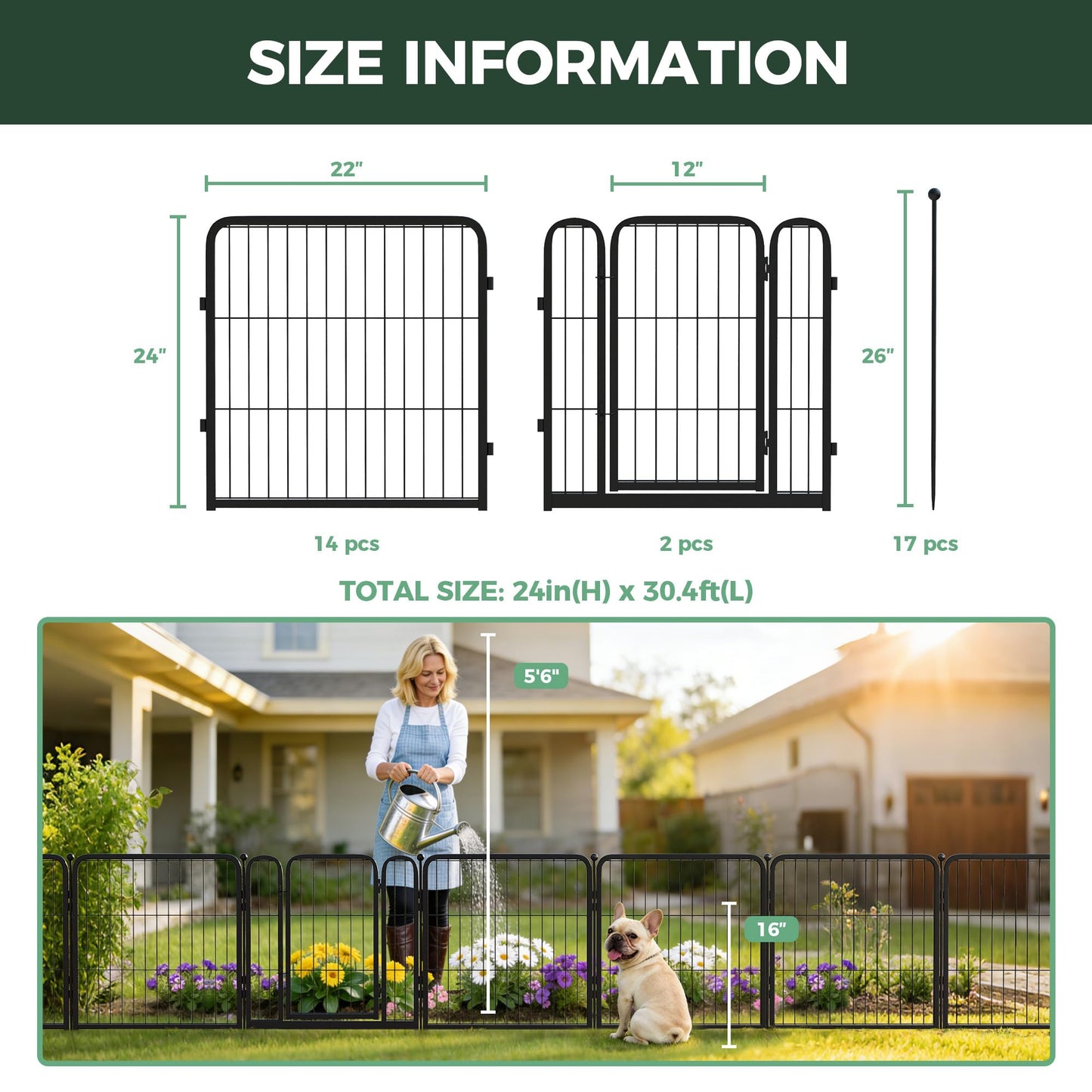 FXW Garden Fence Outdoor for the Yard – 24in(H) x 30.4ft(L) Heavy Duty Metal Animal Barrier for Dog, No Dig Decorative Dog Fence, 16 Panels, Black
