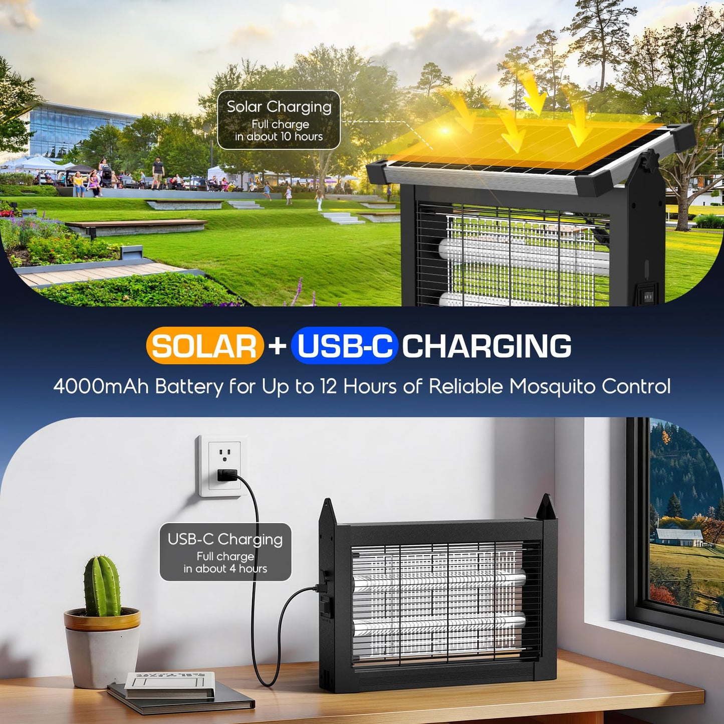 Solar Bug Zapper Outdoor Waterproof, 4500V High Power Cordless Mosquito Zapper with Smart Light Sensor, Dual Solar & USB Rechargeable Insect Killer for Patio, Garden, Backyard, Indoor & Outdoor Use